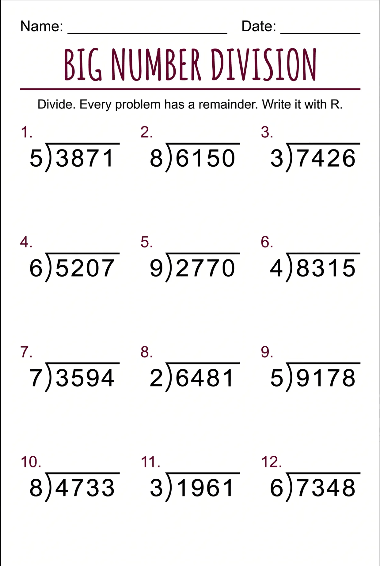 Big Number Division Worksheet for 4th Grade, page 1 preview