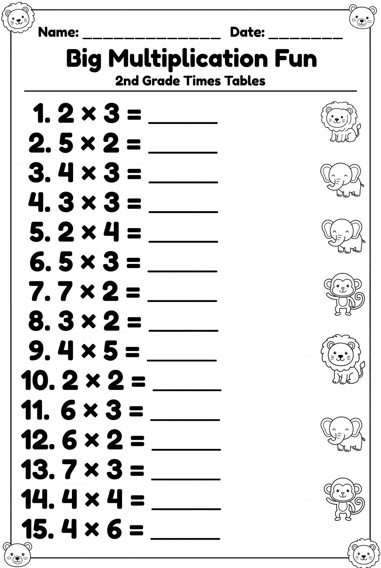 Big Print Jungle Multiplication Worksheet (Grade 2), page 1 preview