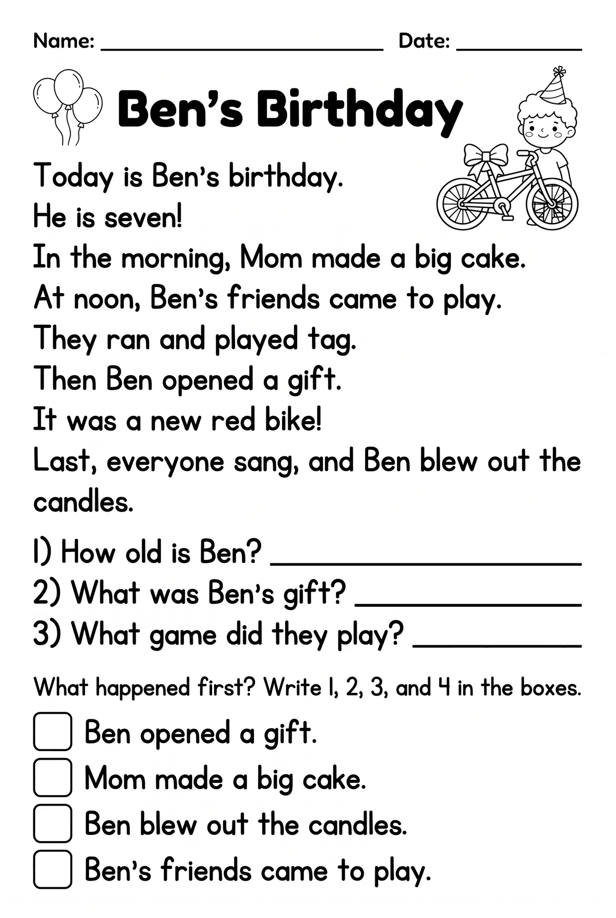 Ben's Birthday Sequencing Reading Comprehension Grade 1, page 1 preview
