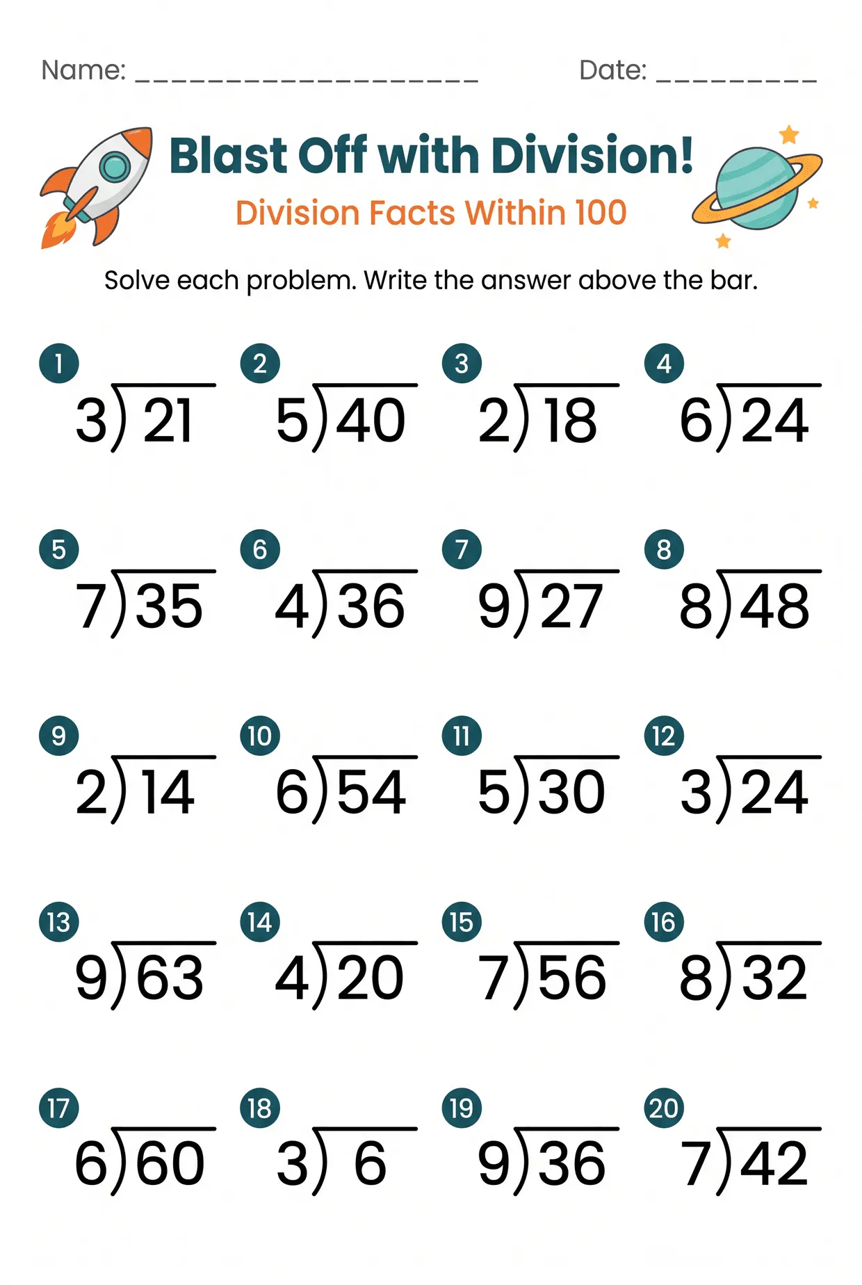 Blast Off Division Within 100 Worksheet for Grade 3, page 1 preview