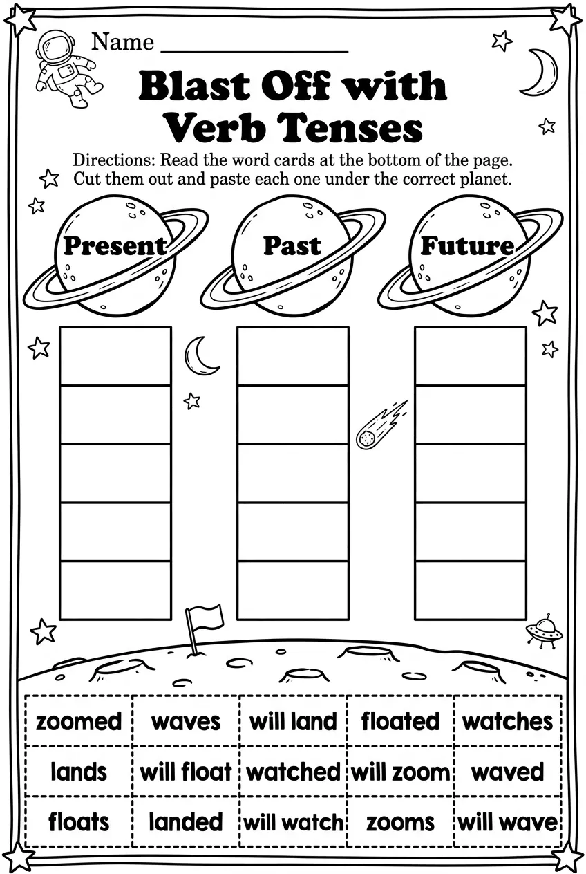 Verb Tenses Worksheet: Space Cut and Paste Sort, page 1 preview