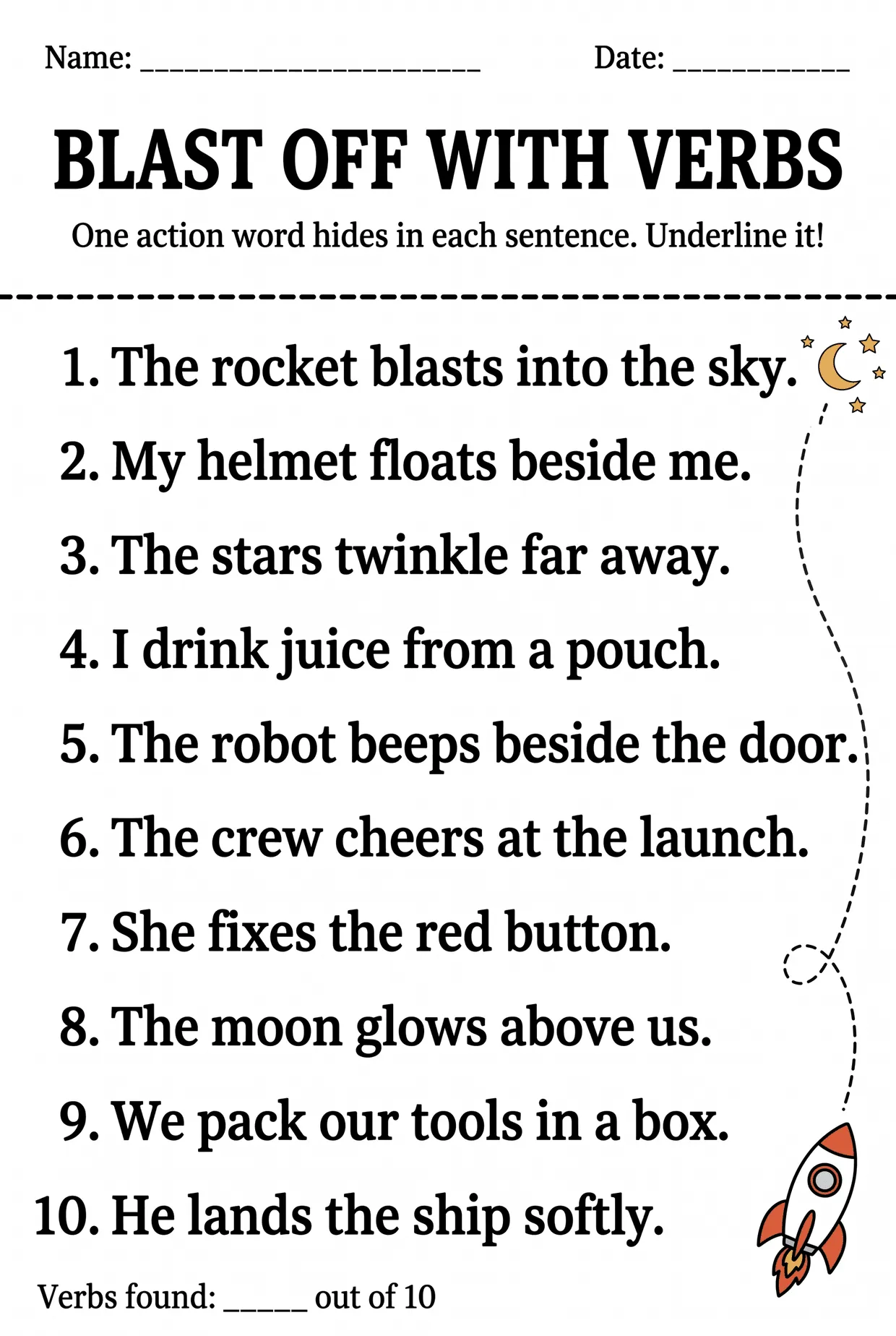 Space Verbs Worksheet: Underline the Action Word, page 1 preview