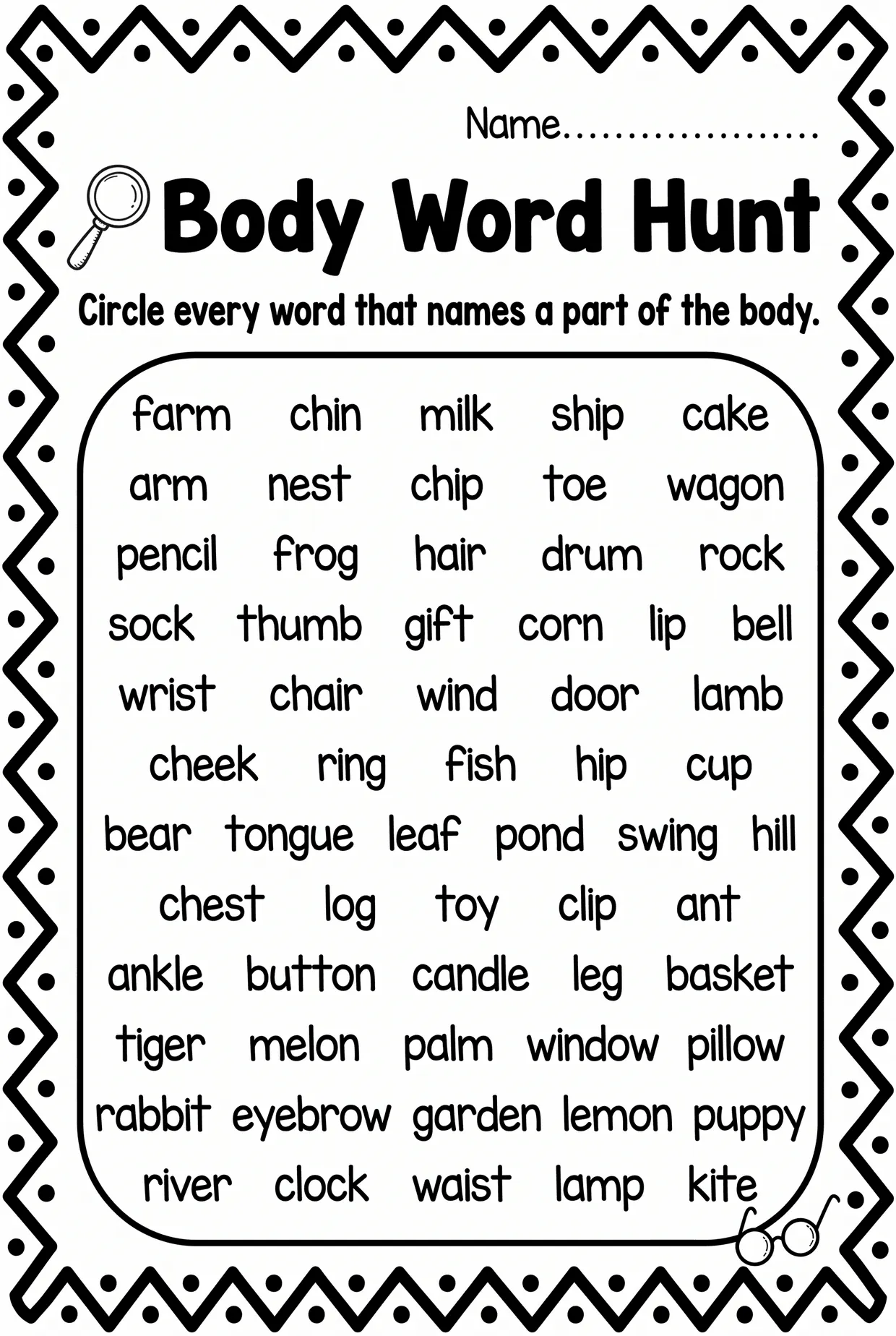 Body Word Hunt: Circle 16 Body Parts Worksheet, page 1 preview