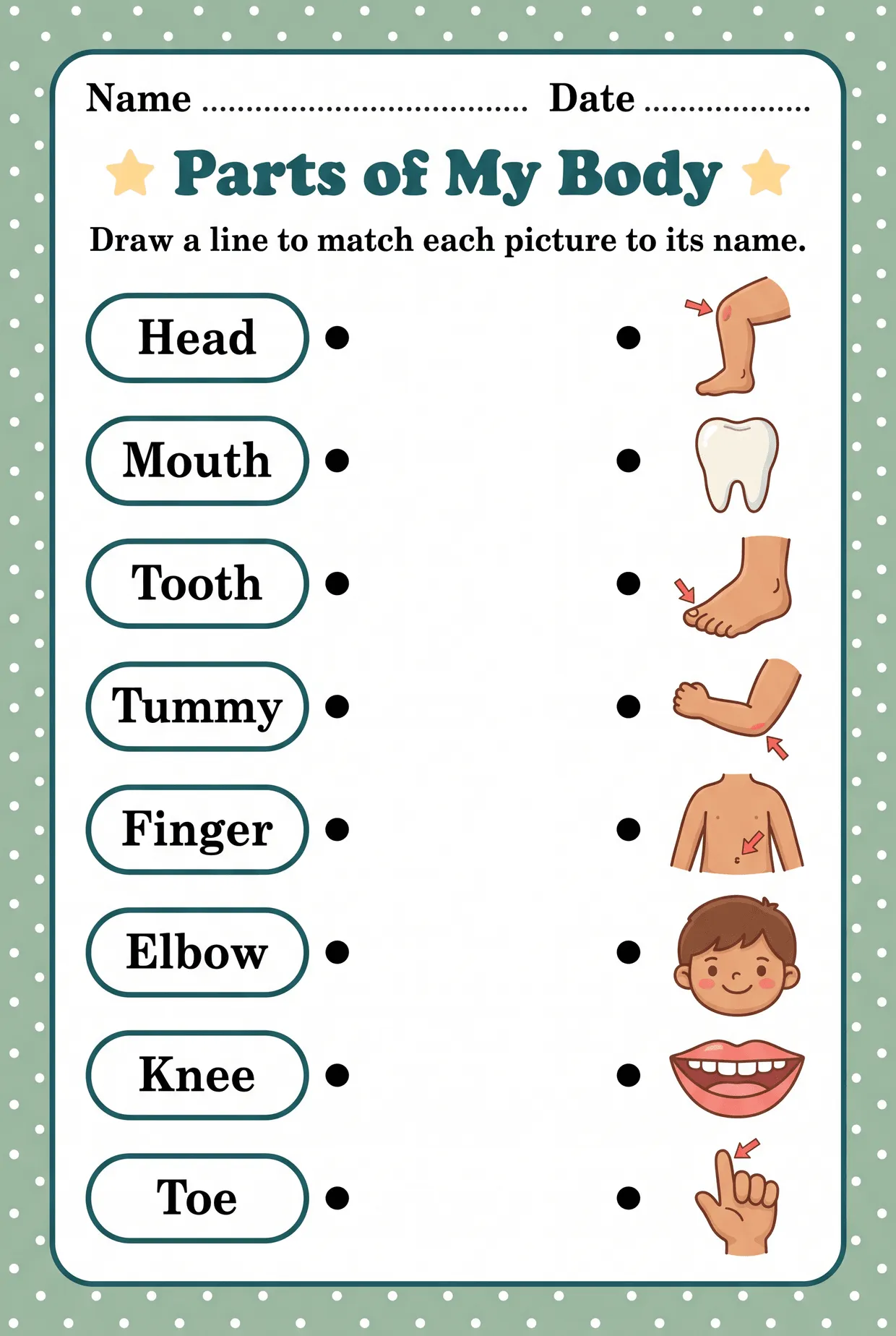 Parts of My Body: Picture and Word Matching Worksheet, page 1 preview