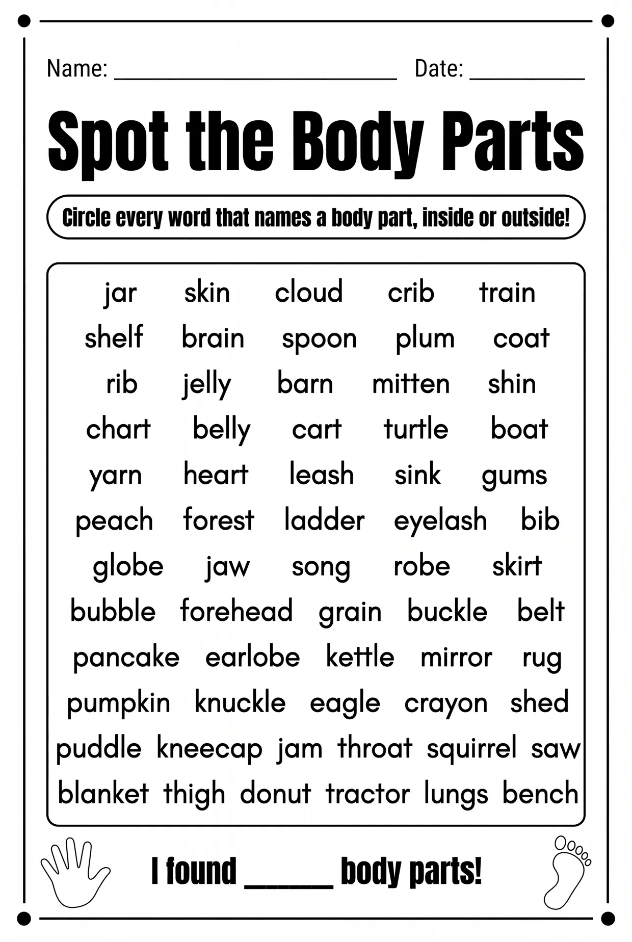 Spot the Body Parts Worksheet: Inside and Outside, page 1 preview