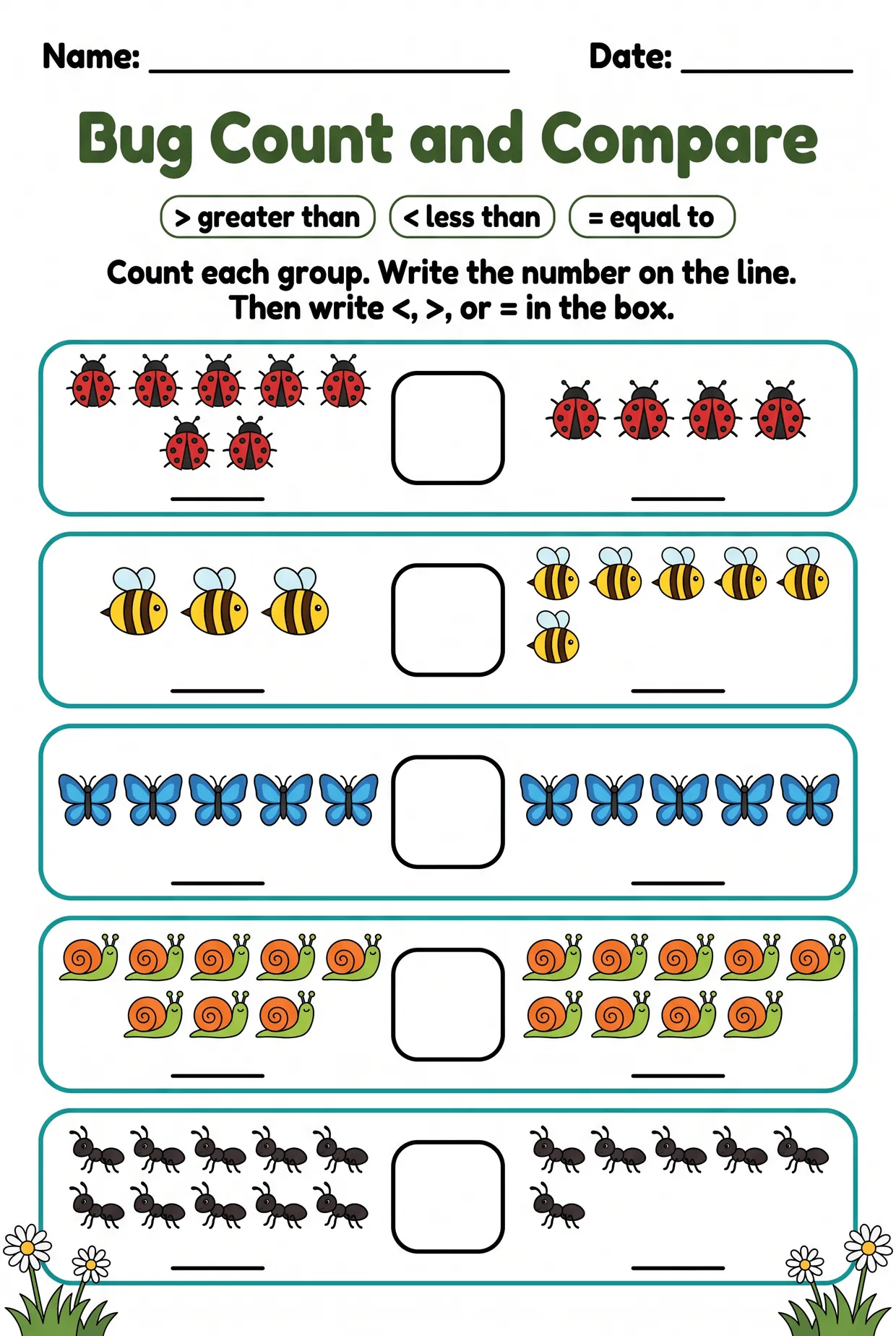 Bug Count and Compare Greater Than Less Than Worksheet, page 1 preview