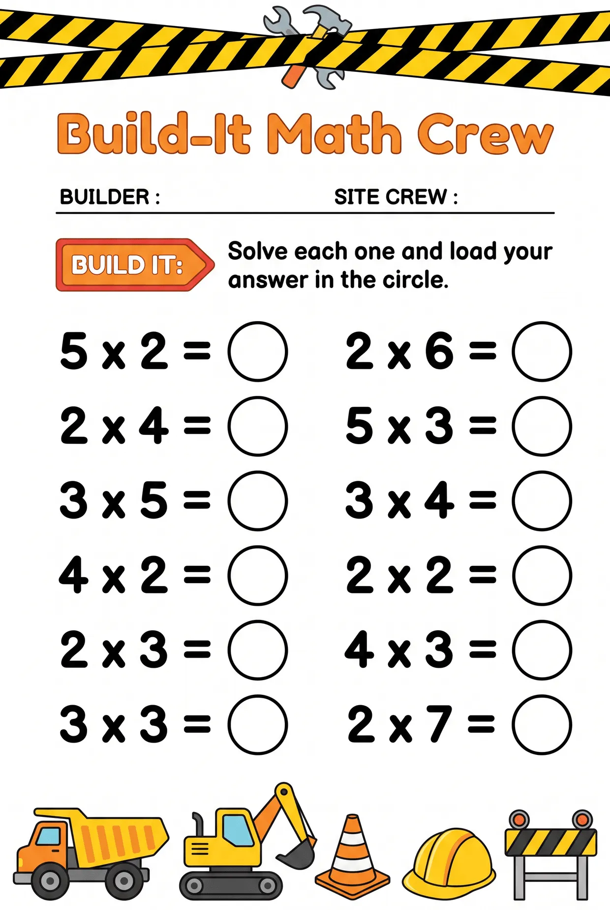 Construction Multiplication Worksheet: Build-It Crew, page 1 preview