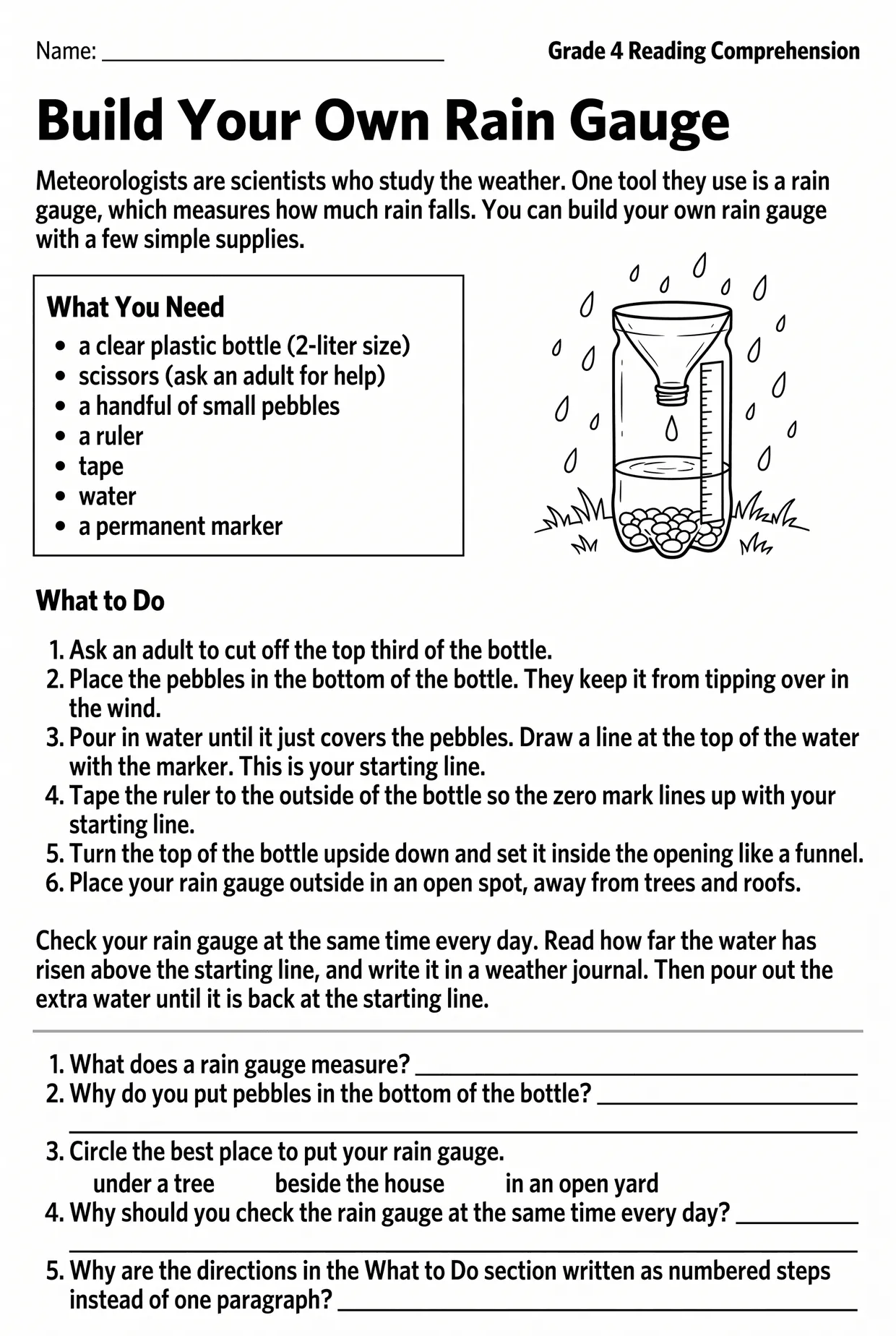 Rain Gauge How-To Reading Comprehension Worksheet Grade 4, page 1 preview