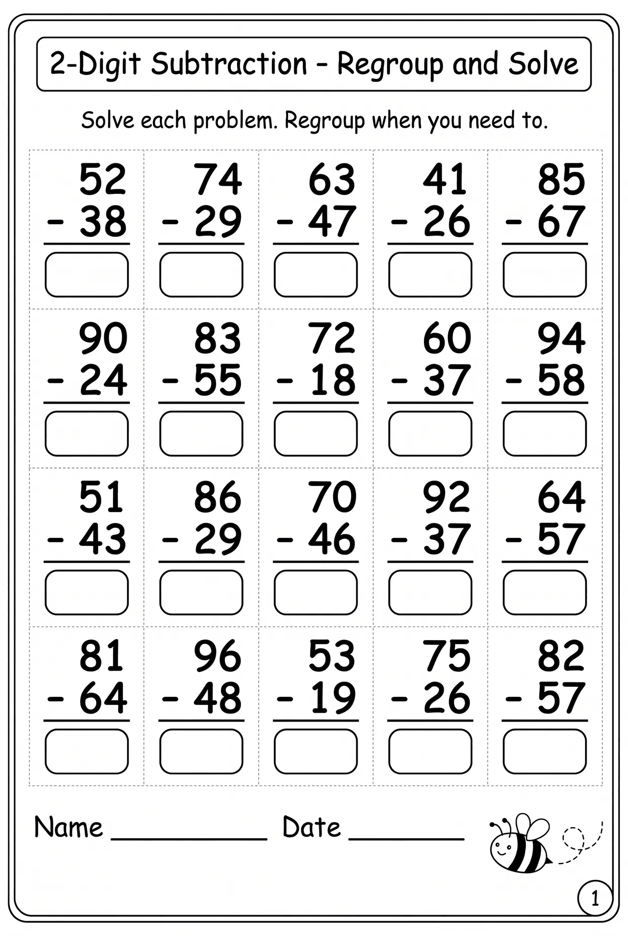 Busy Bee 2nd Grade Subtraction Worksheet: Regrouping worksheet preview