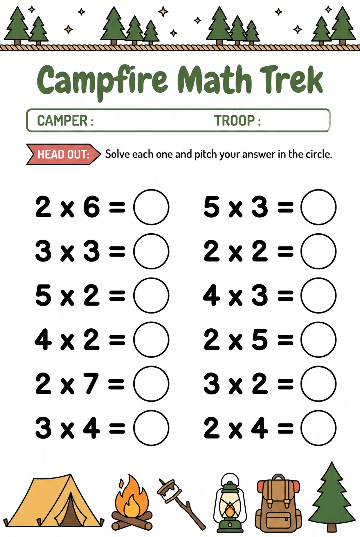 Campfire Math Trek: Camping Multiplication Worksheet, page 1 preview