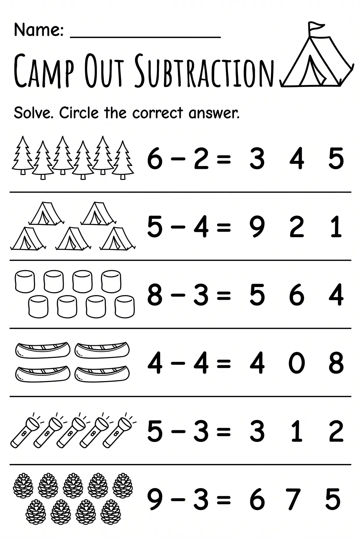 Circle the Answer Kindergarten Subtraction Worksheet, page 1 preview