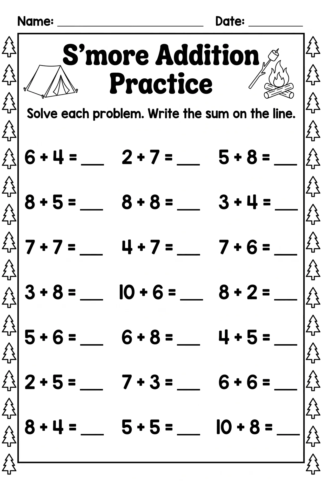 S'more Addition Worksheet: Camping Math for Grade 1 worksheet preview