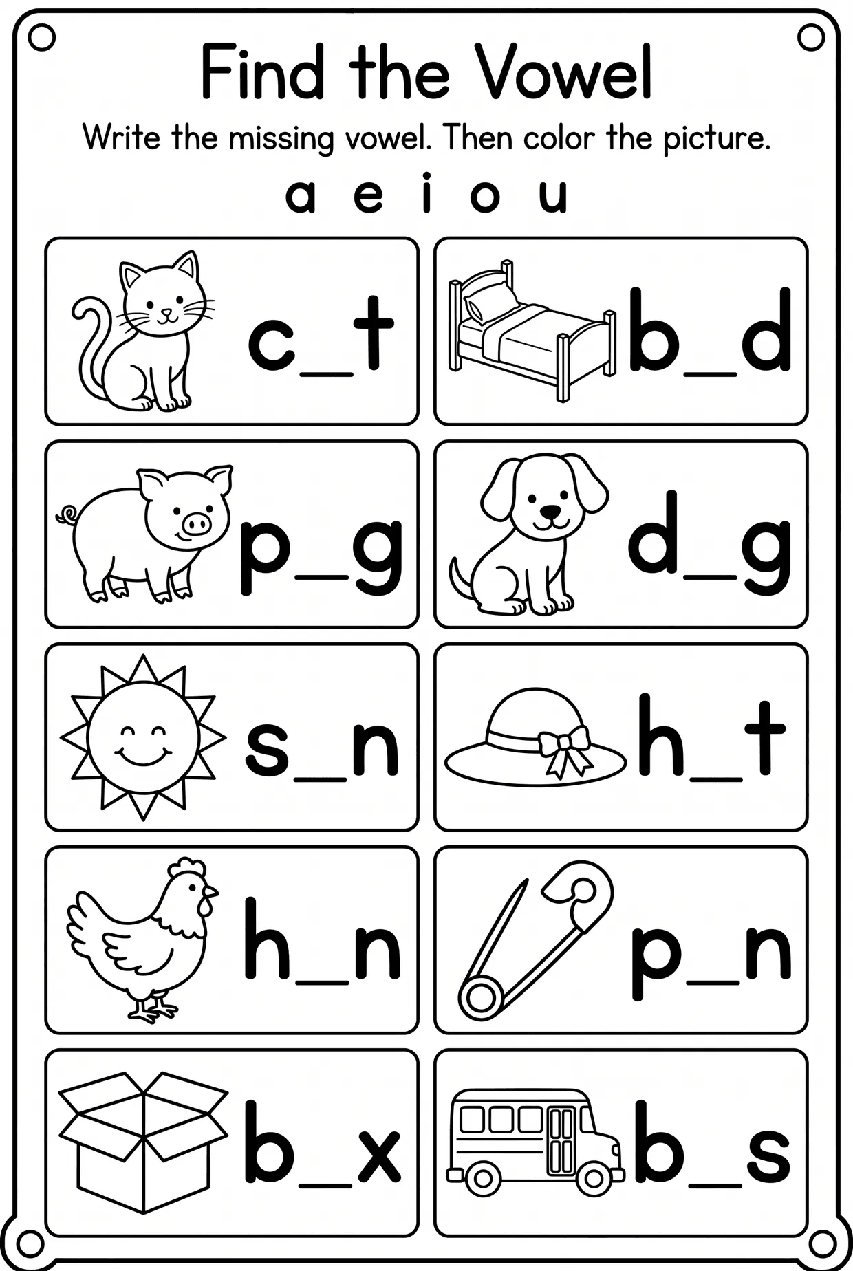 Find the Vowel: Cat, Bed, Pig, Dog Worksheet worksheet preview