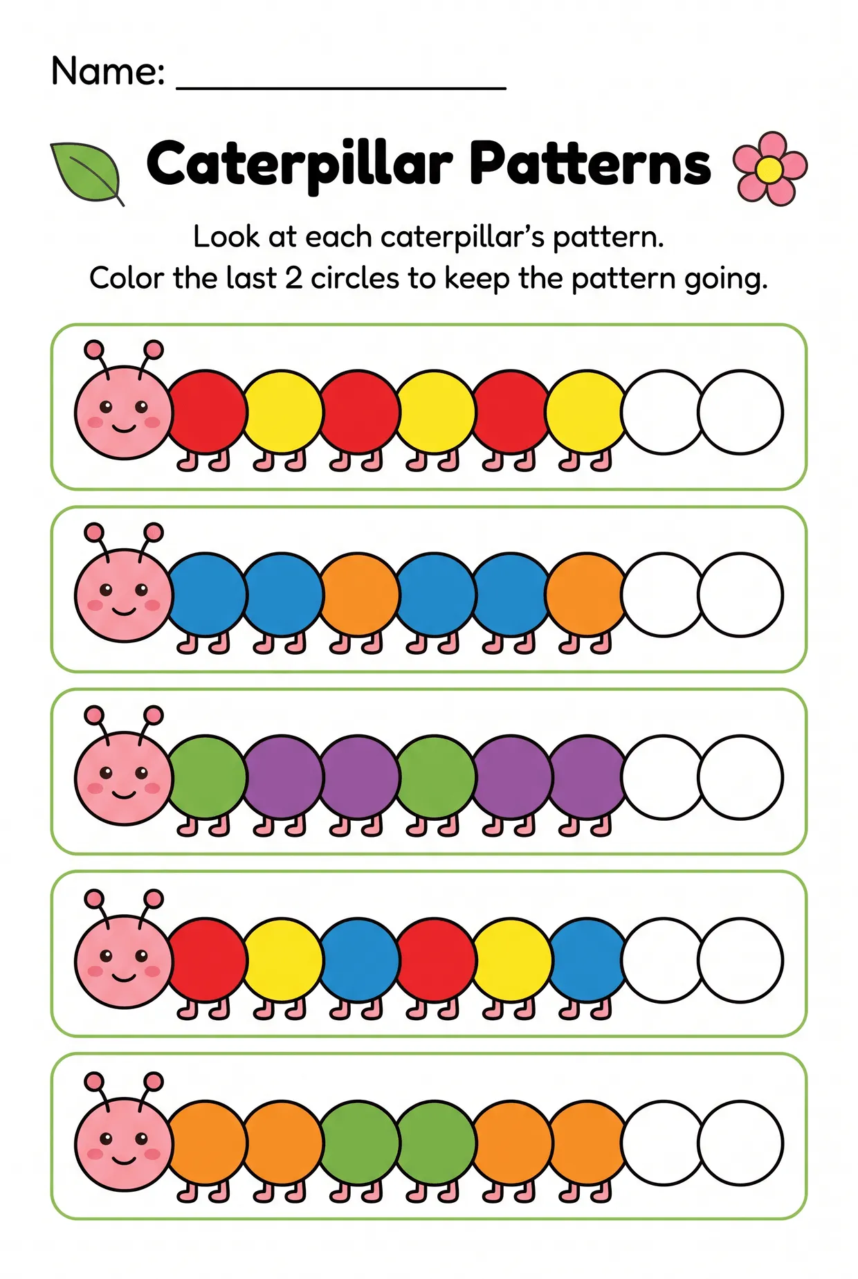 Caterpillar Color Pattern Worksheet for Kindergarten, page 1 preview
