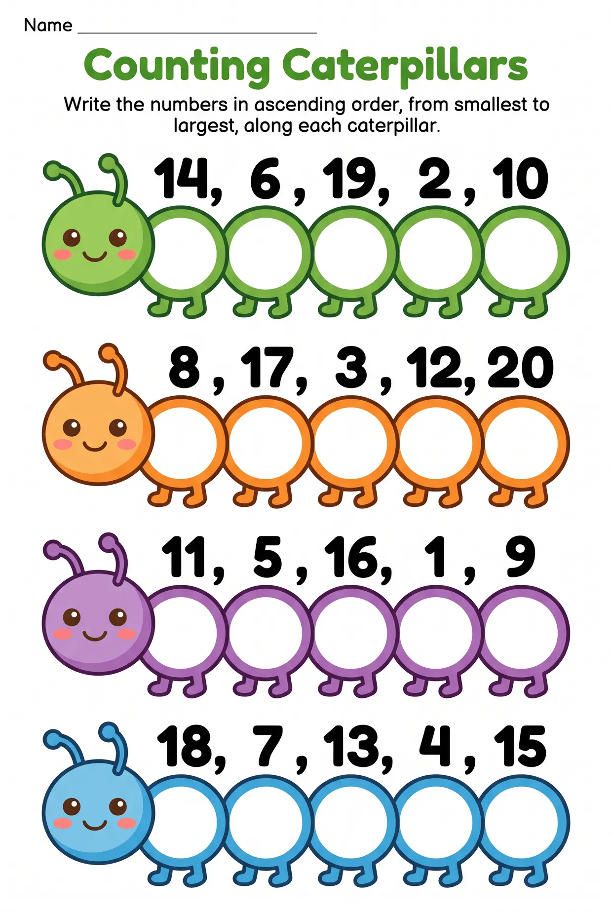Caterpillar Ascending Order Worksheet for Grade 1 worksheet preview