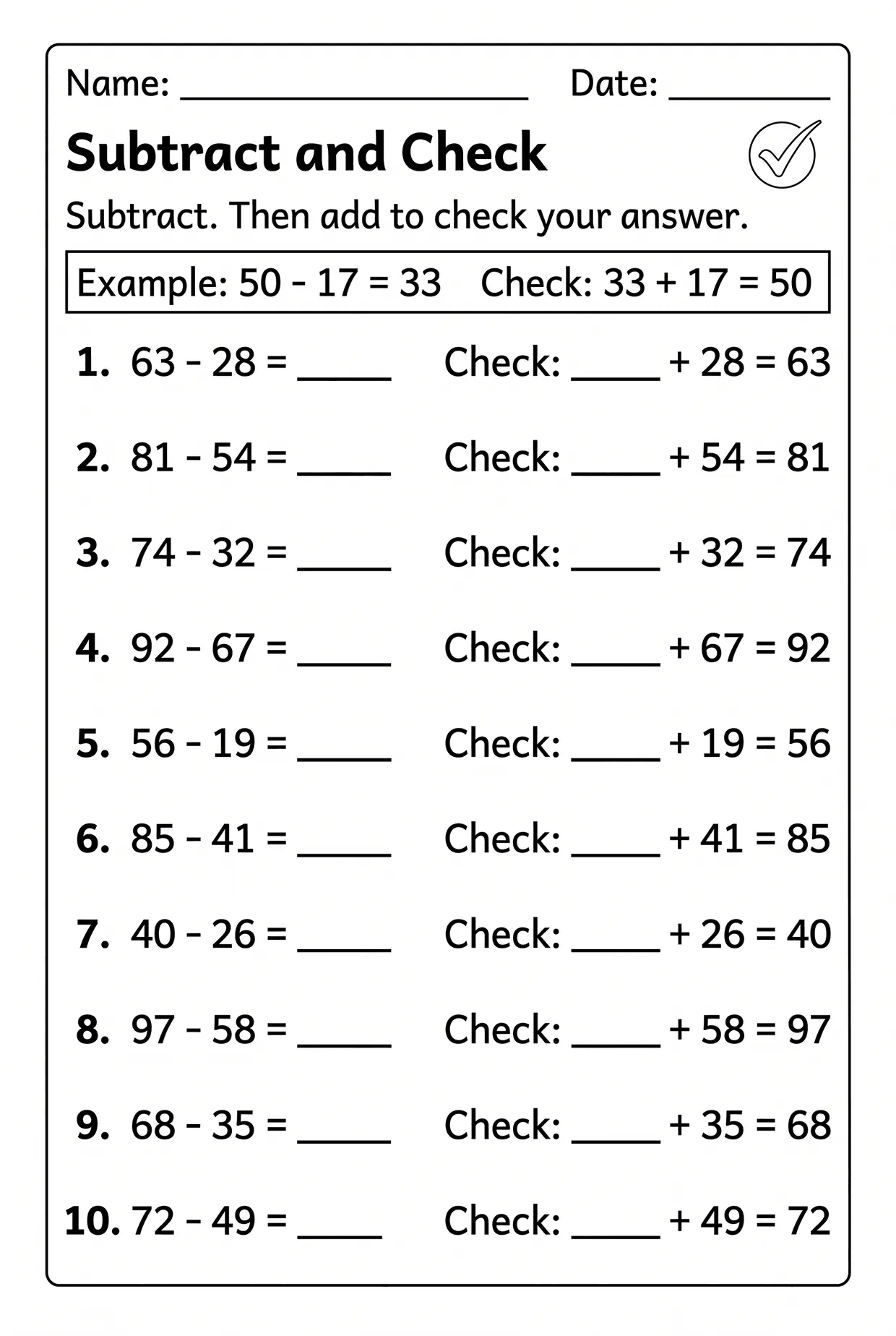 Subtraction Worksheet With Addition Check for Grade 2, page 1 preview