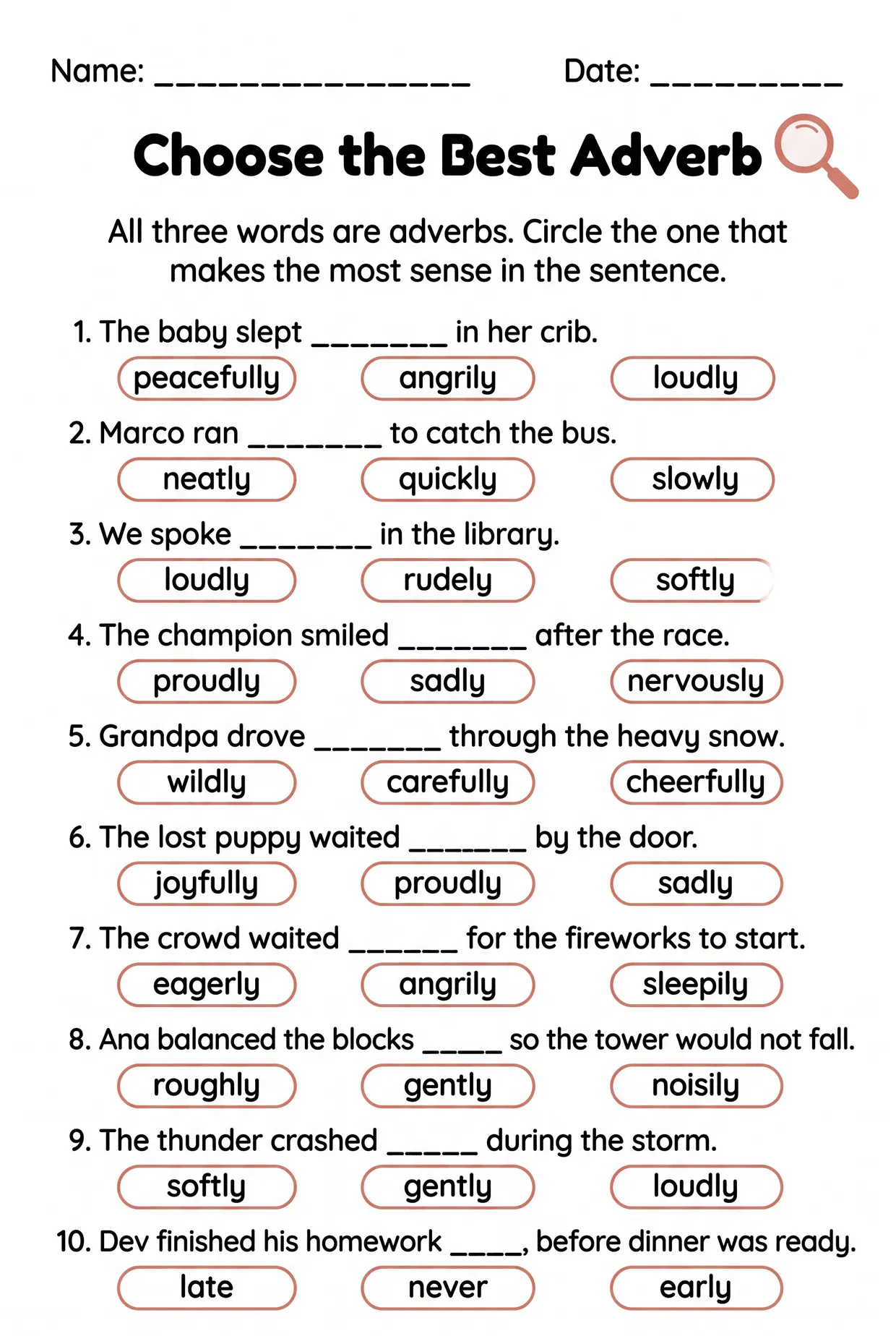 Choose the Best Adverb Worksheet for 3rd Grade, page 1 preview