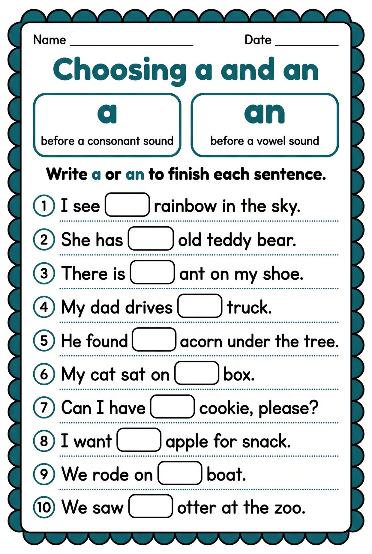 Choosing A and An Sentences Worksheet for Grade 1, page 1 preview