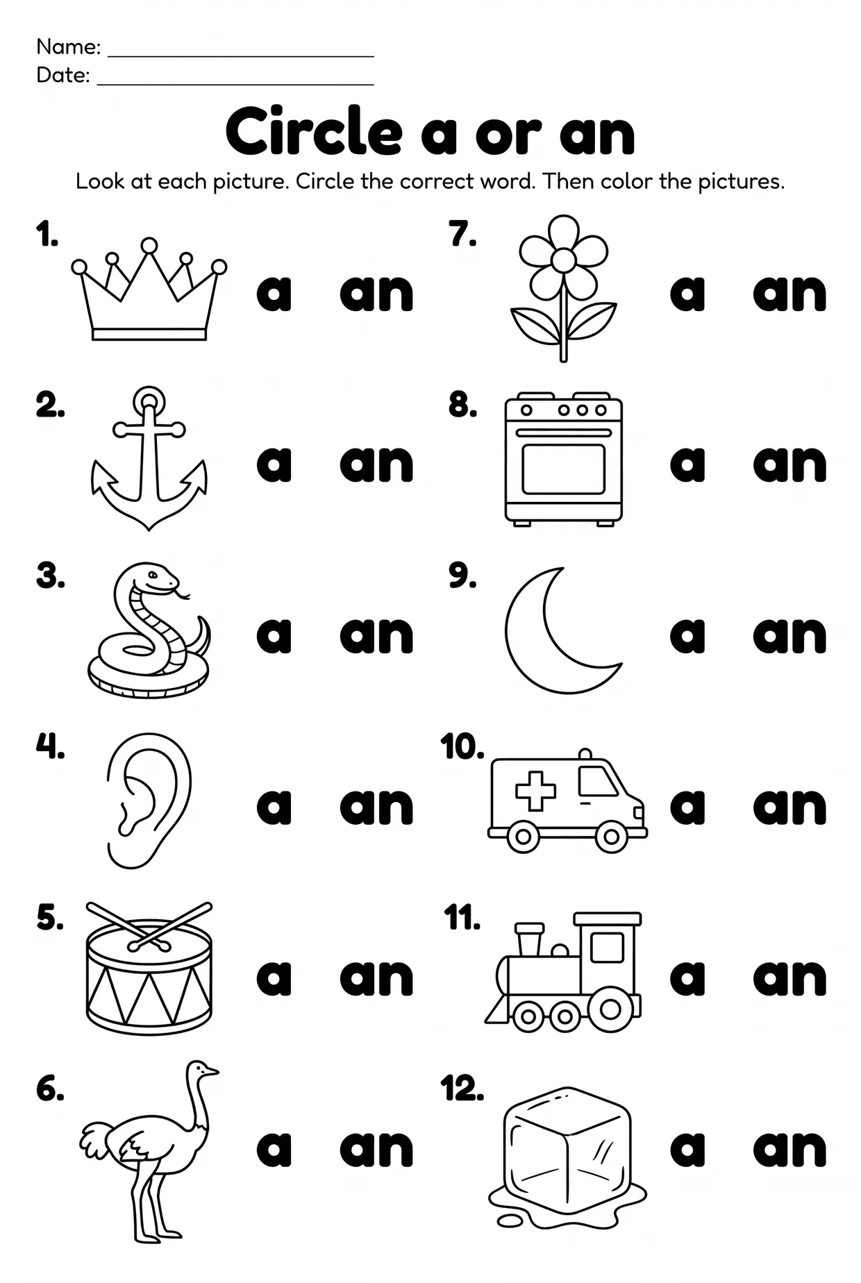 Circle A or An Picture Worksheet for First Grade, page 1 preview