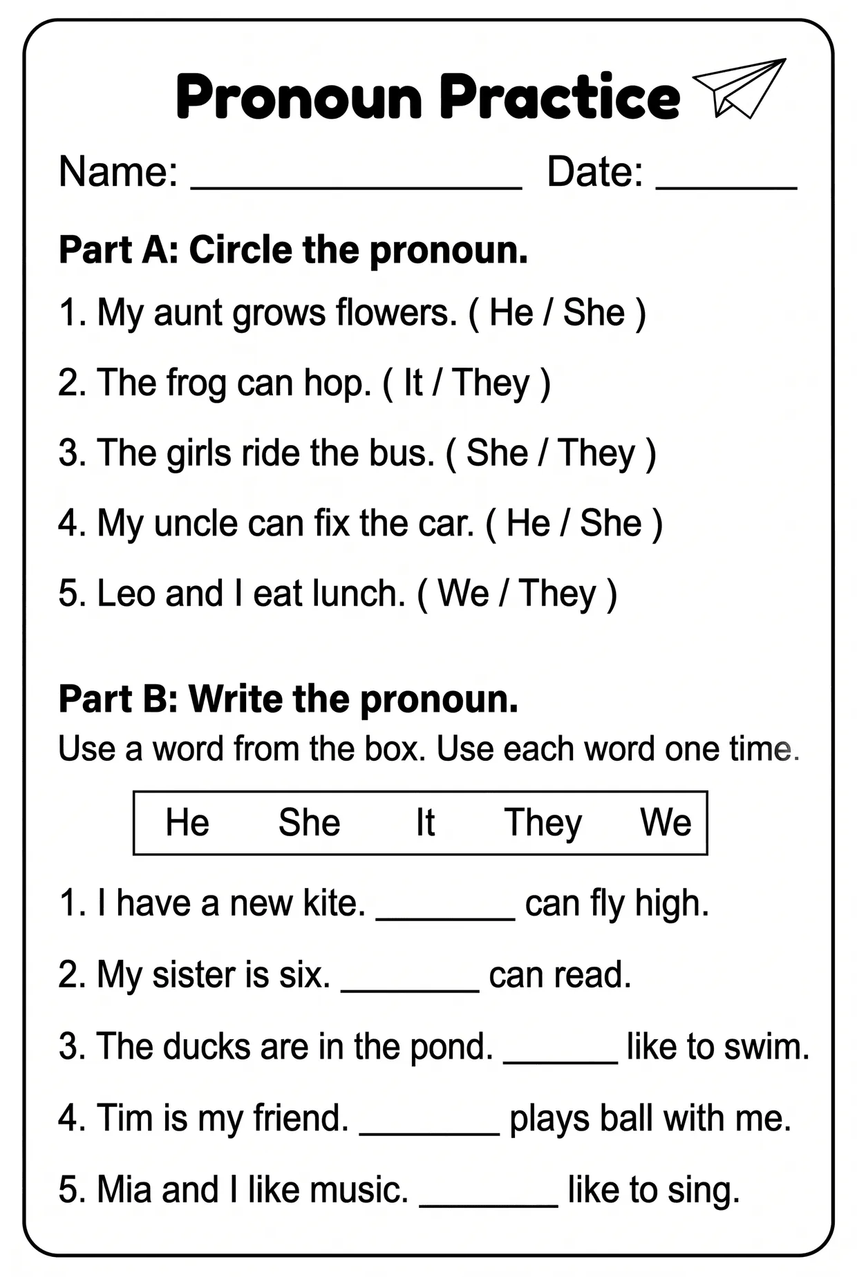 Circle and Fill in the Blank Pronoun Worksheet, Grade 1, page 1 preview