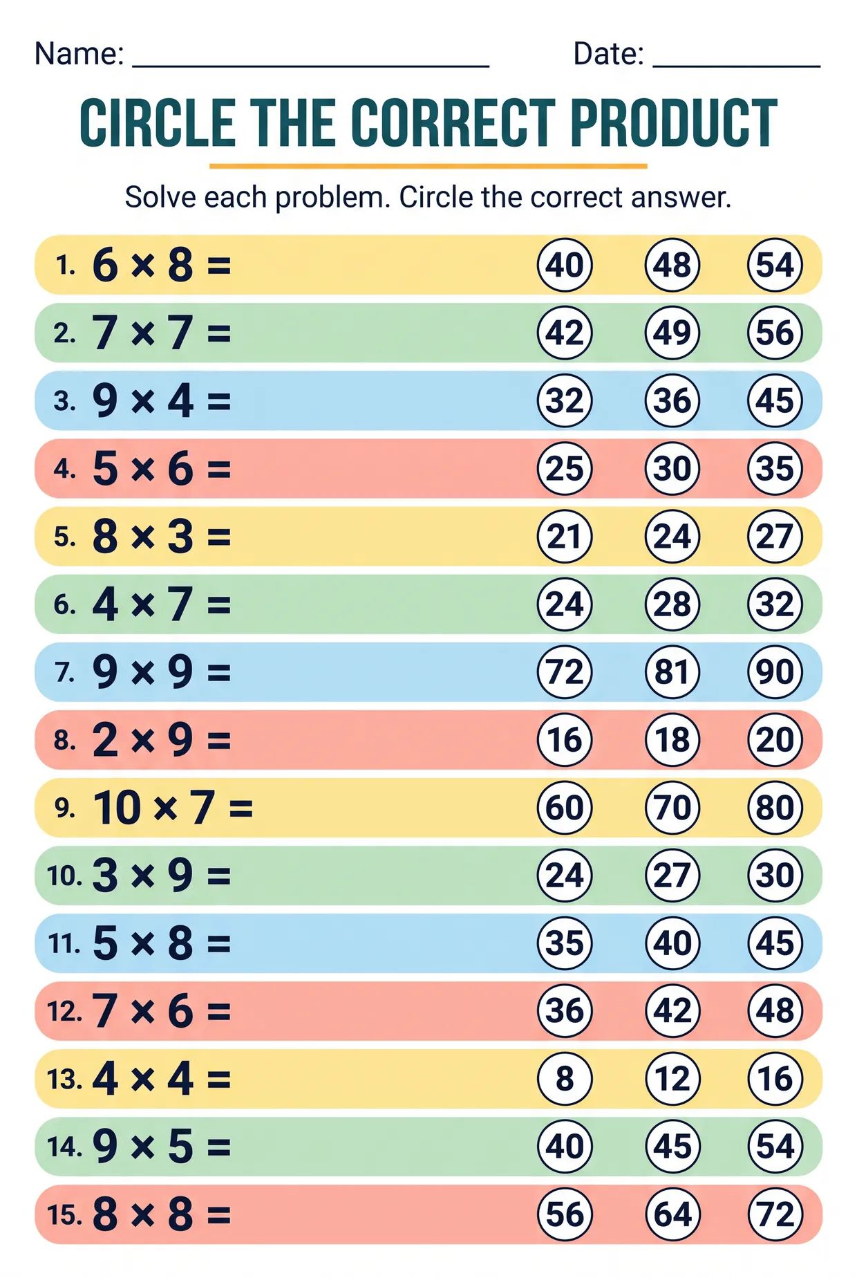 Circle the Correct Product Multiplication Worksheet worksheet preview