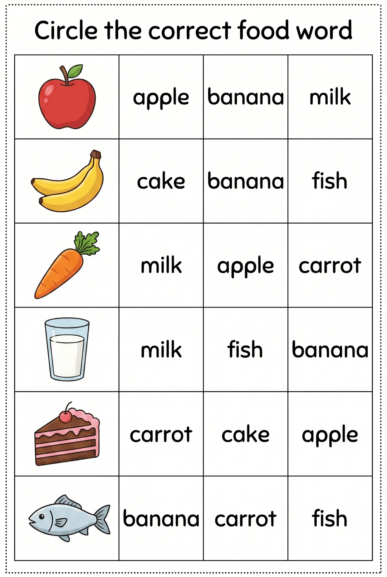 Circle the Correct Food Word: Apple, Milk & Fish worksheet preview