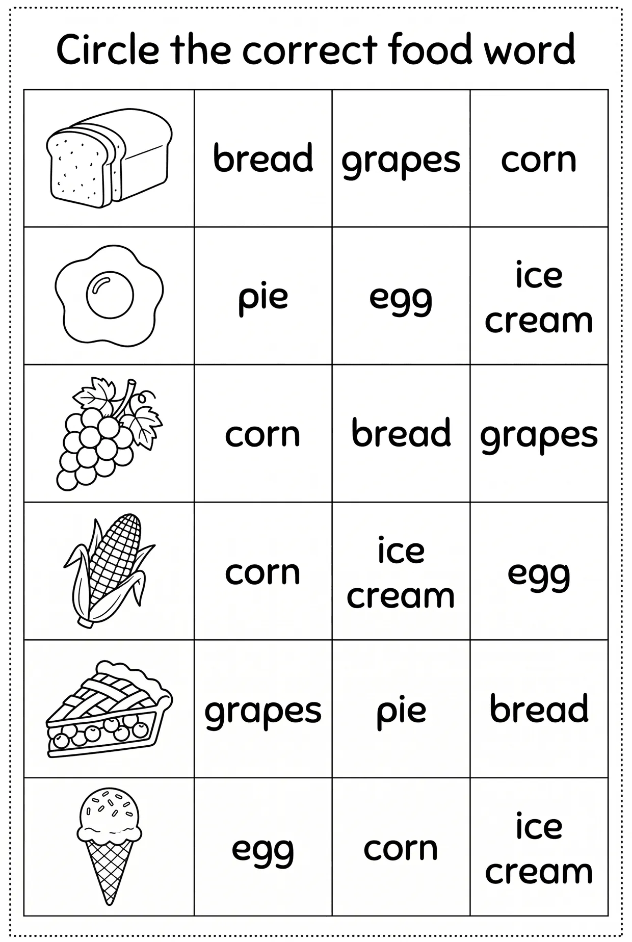 Circle the Correct Food Word: Bread, Egg & Corn worksheet preview