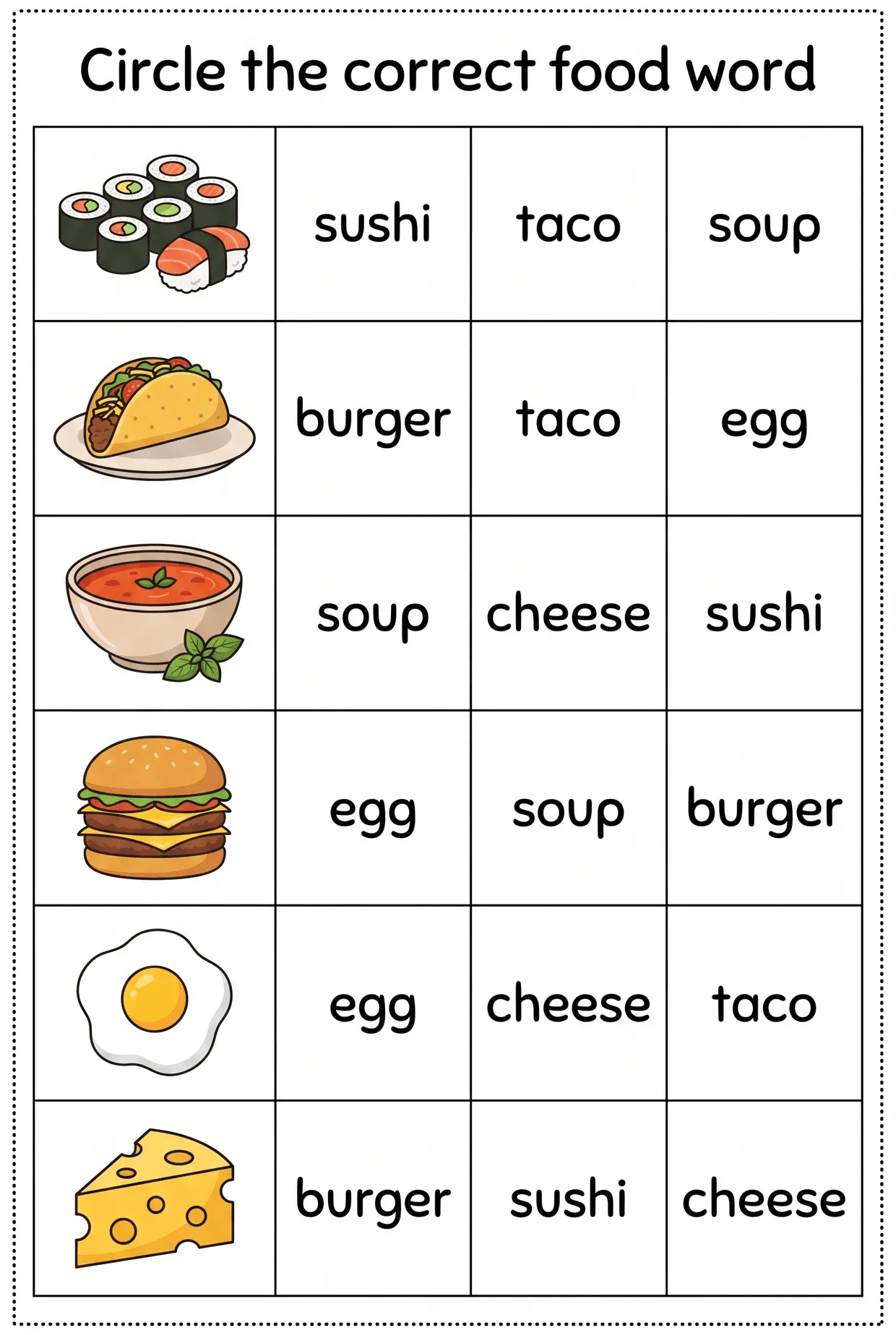 Circle the Correct Food Word: Sushi, Soup & Burger worksheet preview