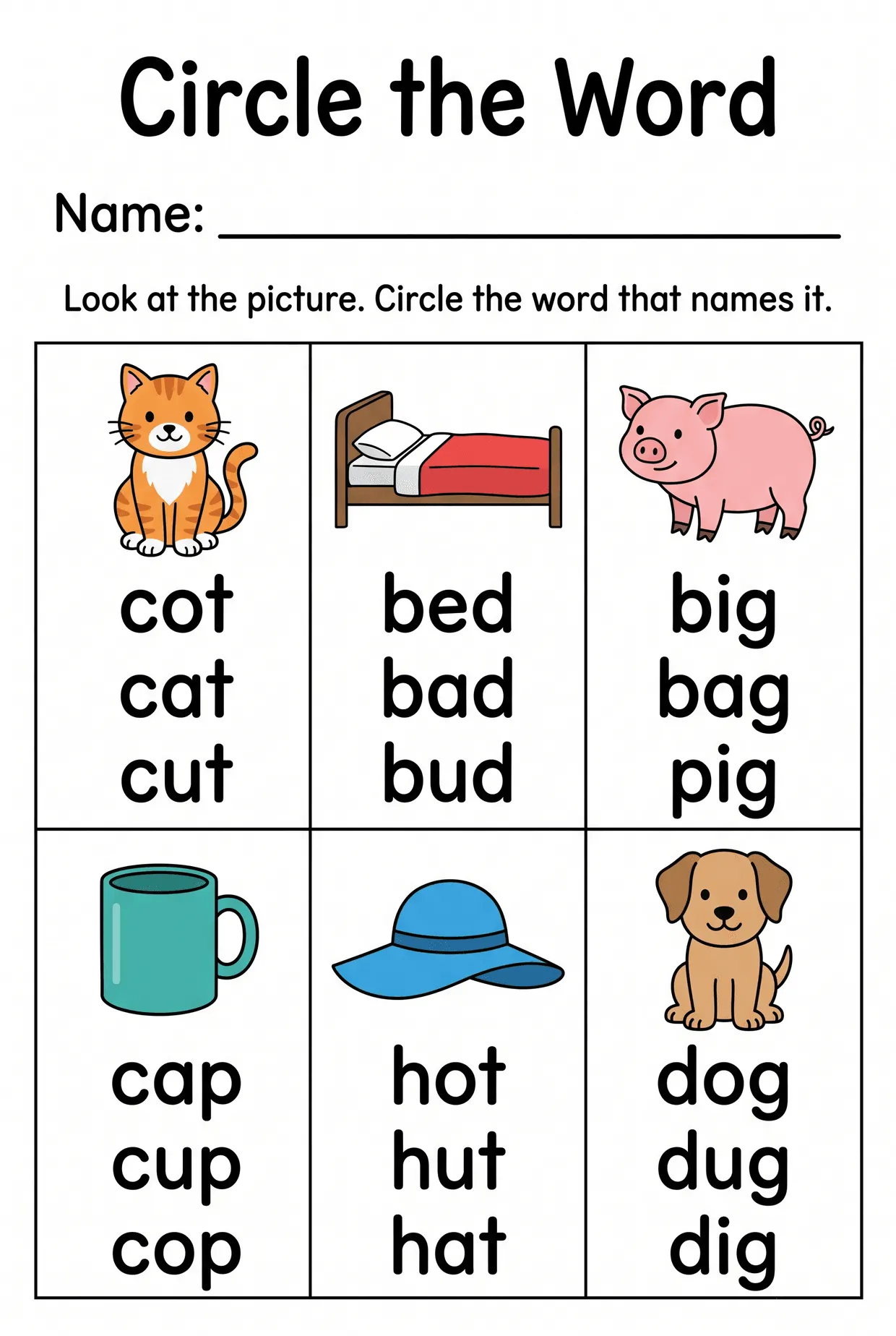 Circle the Correct CVC Words Worksheet for Kindergarten, page 1 preview