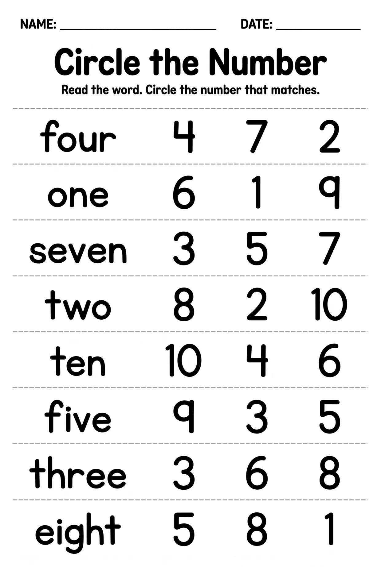 Circle the Matching Number Names Worksheet, page 1 preview