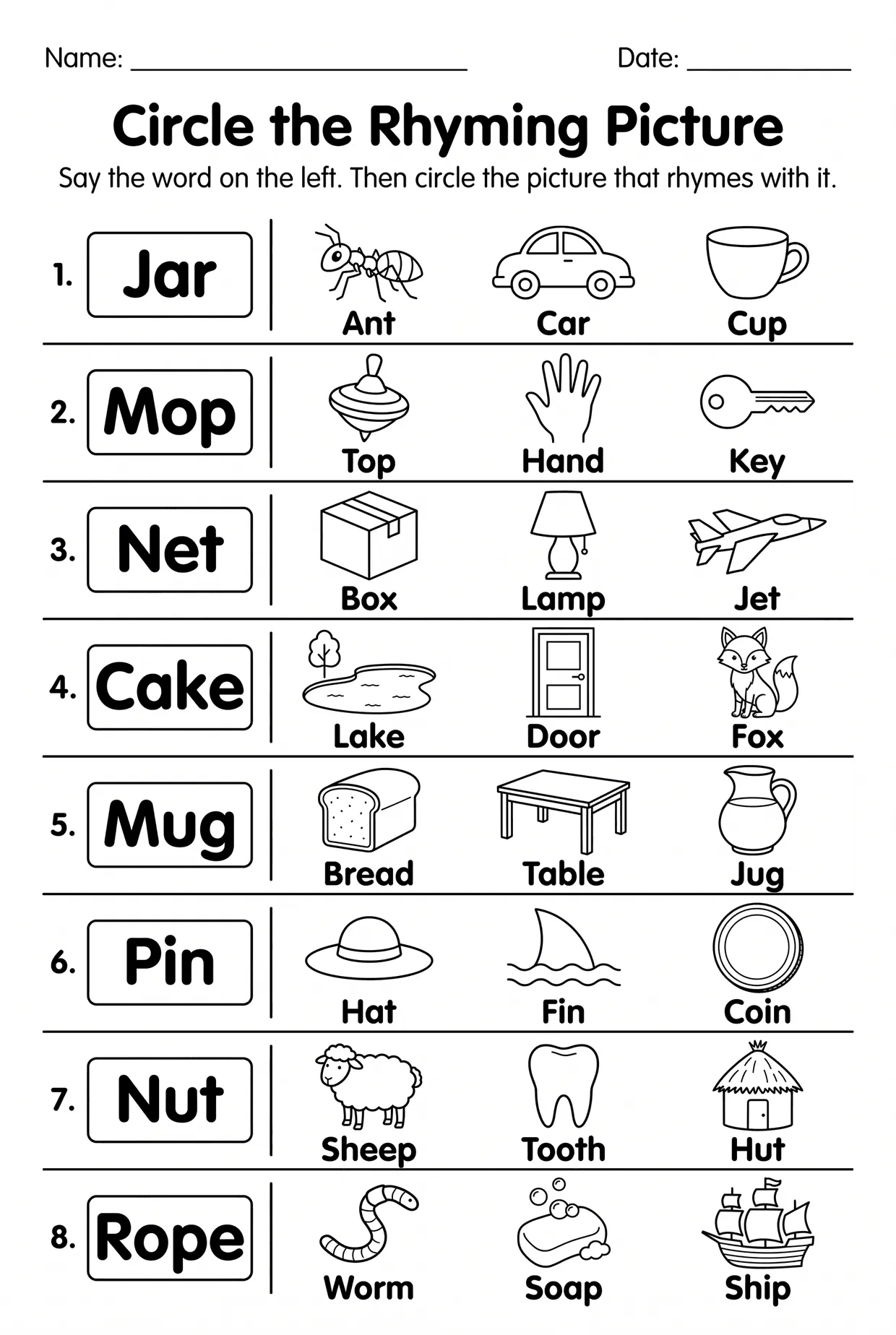 Circle the Picture: Rhyming Words Worksheet, page 1 preview
