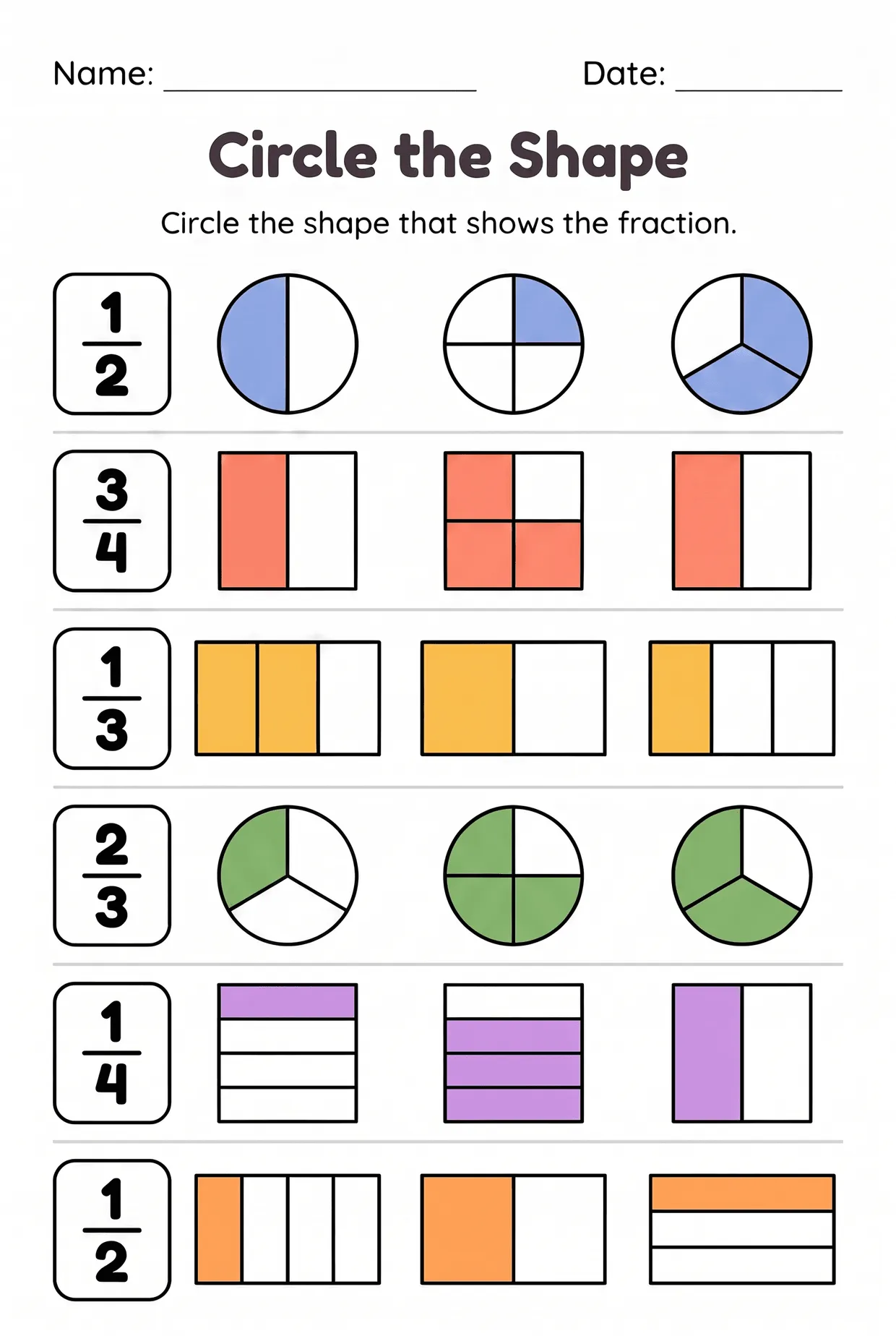 Circle the Shape: 2nd Grade Fractions Worksheet worksheet preview