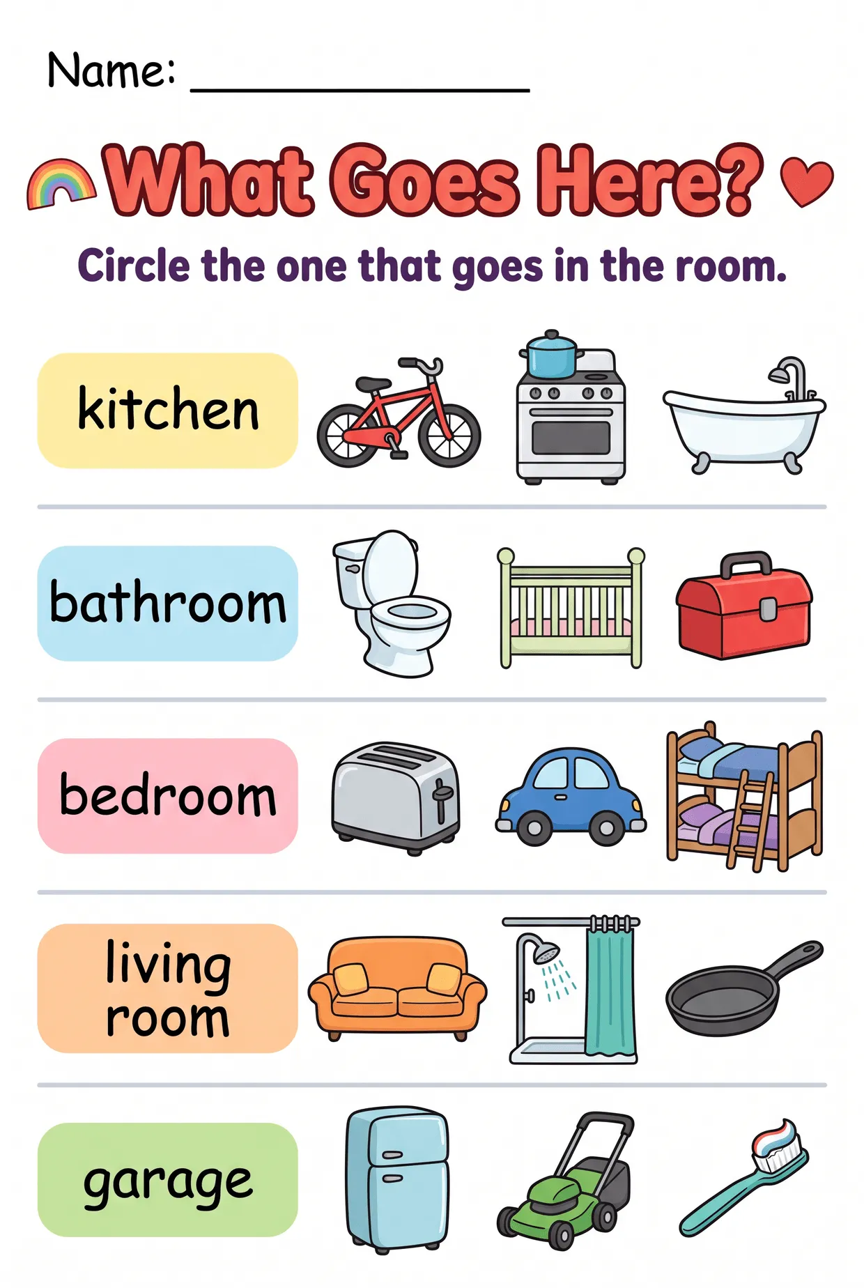 What Goes in Each Room? Parts of the House Worksheet, page 1 preview