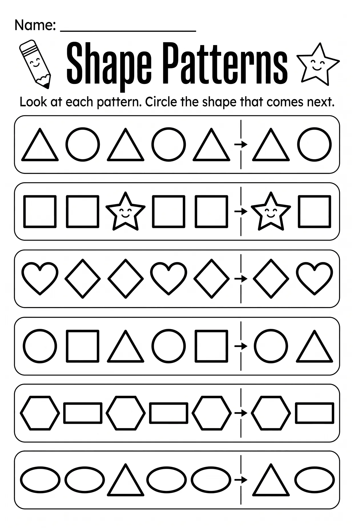 What Comes Next Shape Pattern Worksheet for Kindergarten, page 1 preview