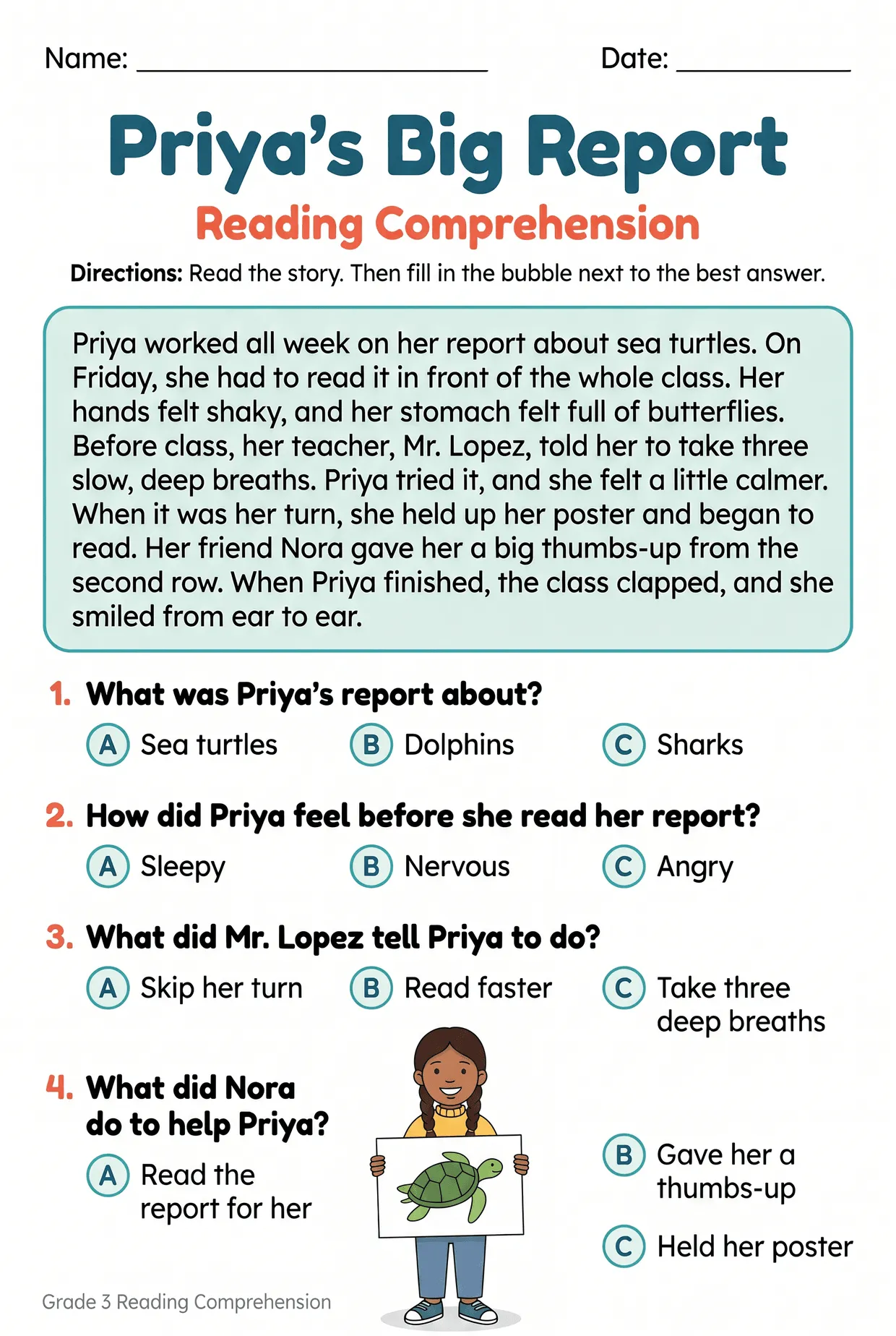 Priya's Big Report 3rd Grade Reading Comprehension, page 1 preview