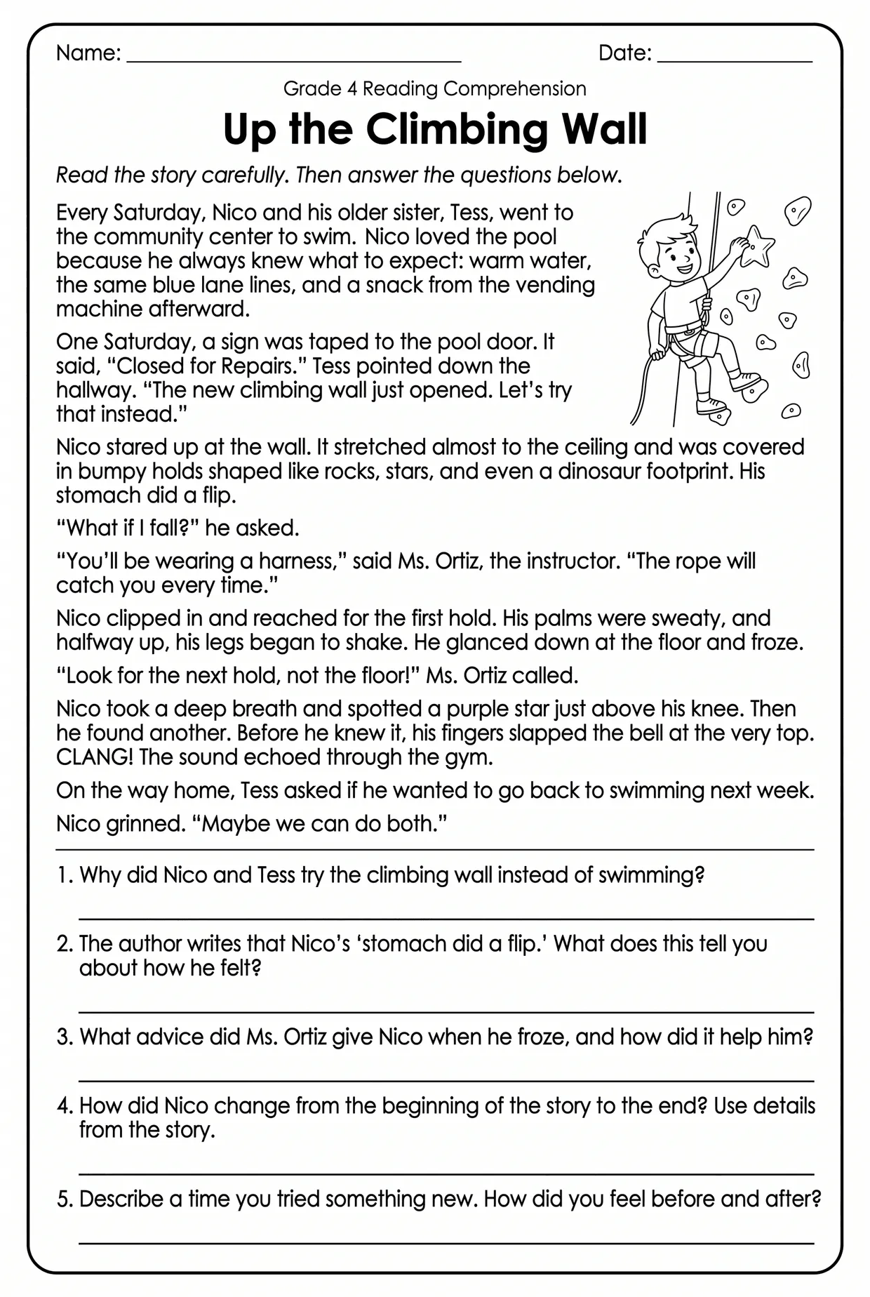 Climbing Wall 4th Grade Reading Comprehension Worksheet, page 1 preview