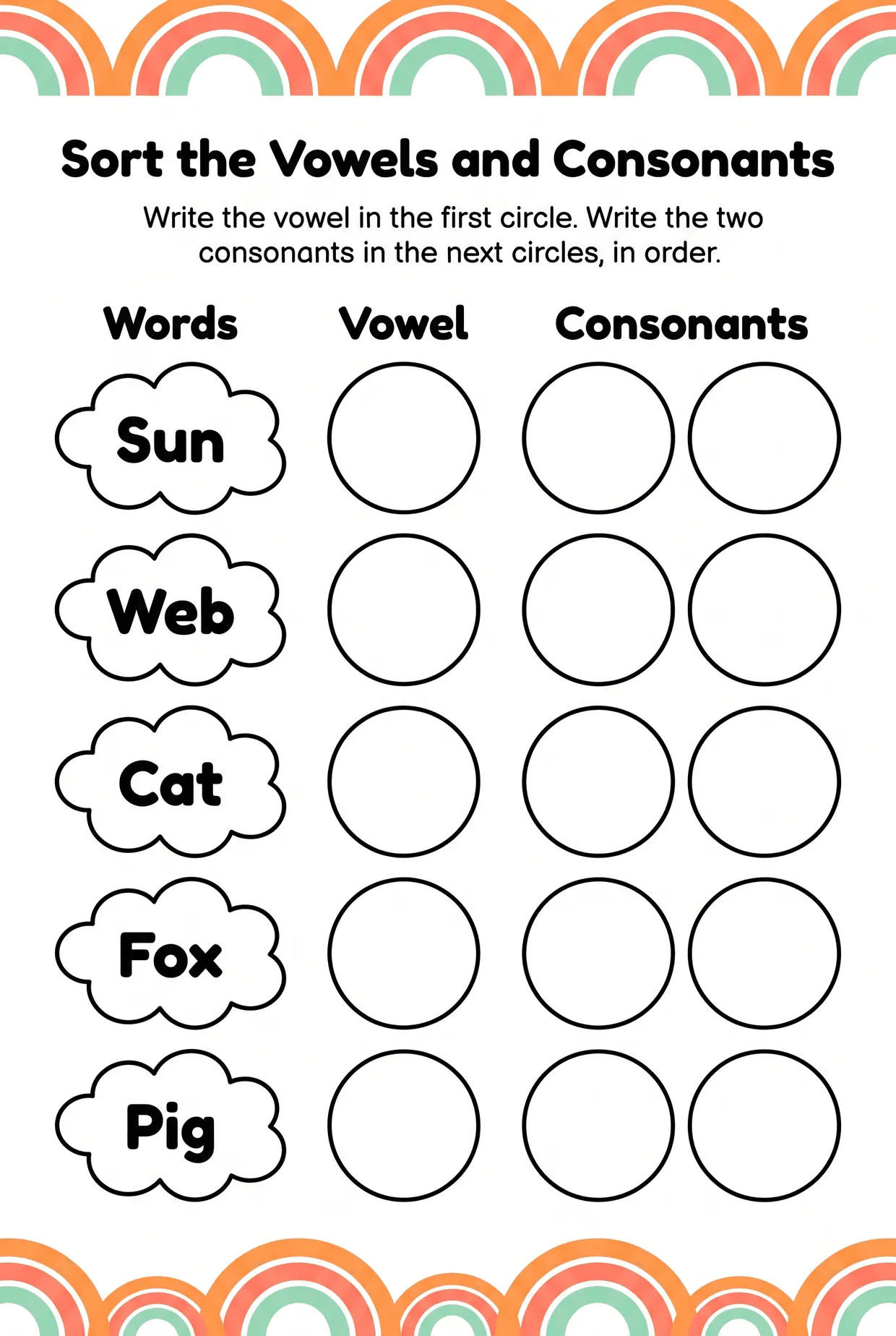 Sort Vowels and Consonants: Cloud CVC Worksheet, page 1 preview