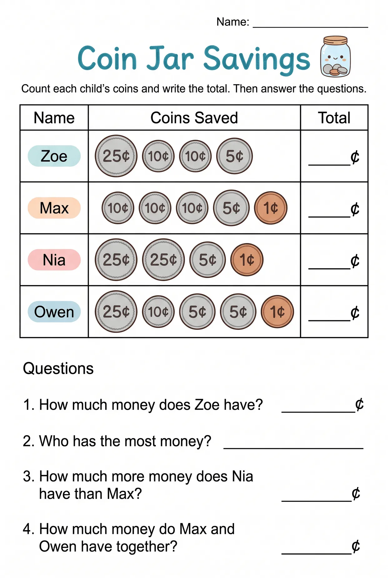 Coin Jar Savings: Grade 2 Counting Money Worksheet, page 1 preview