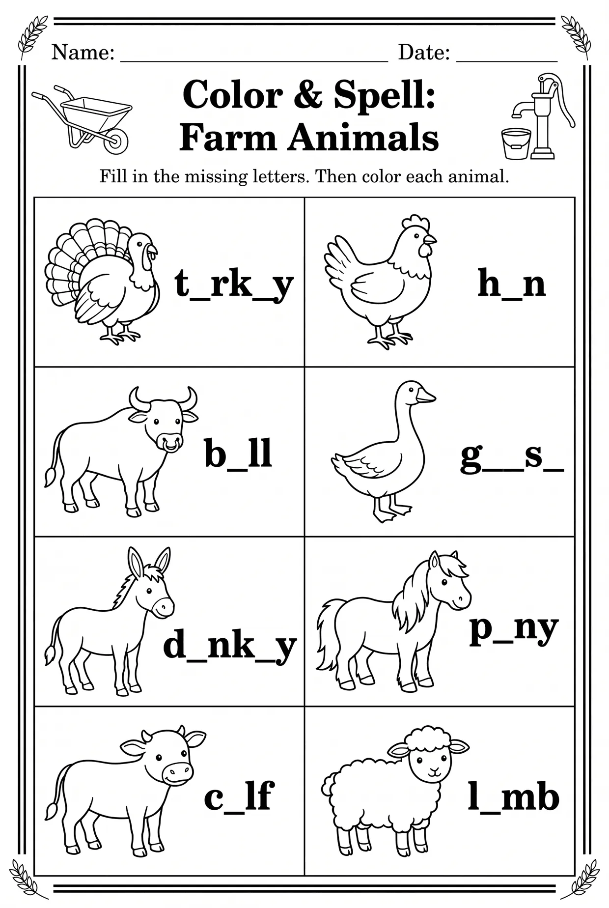 Color and Spell Farm Animals Worksheet: Missing Vowels, page 1 preview