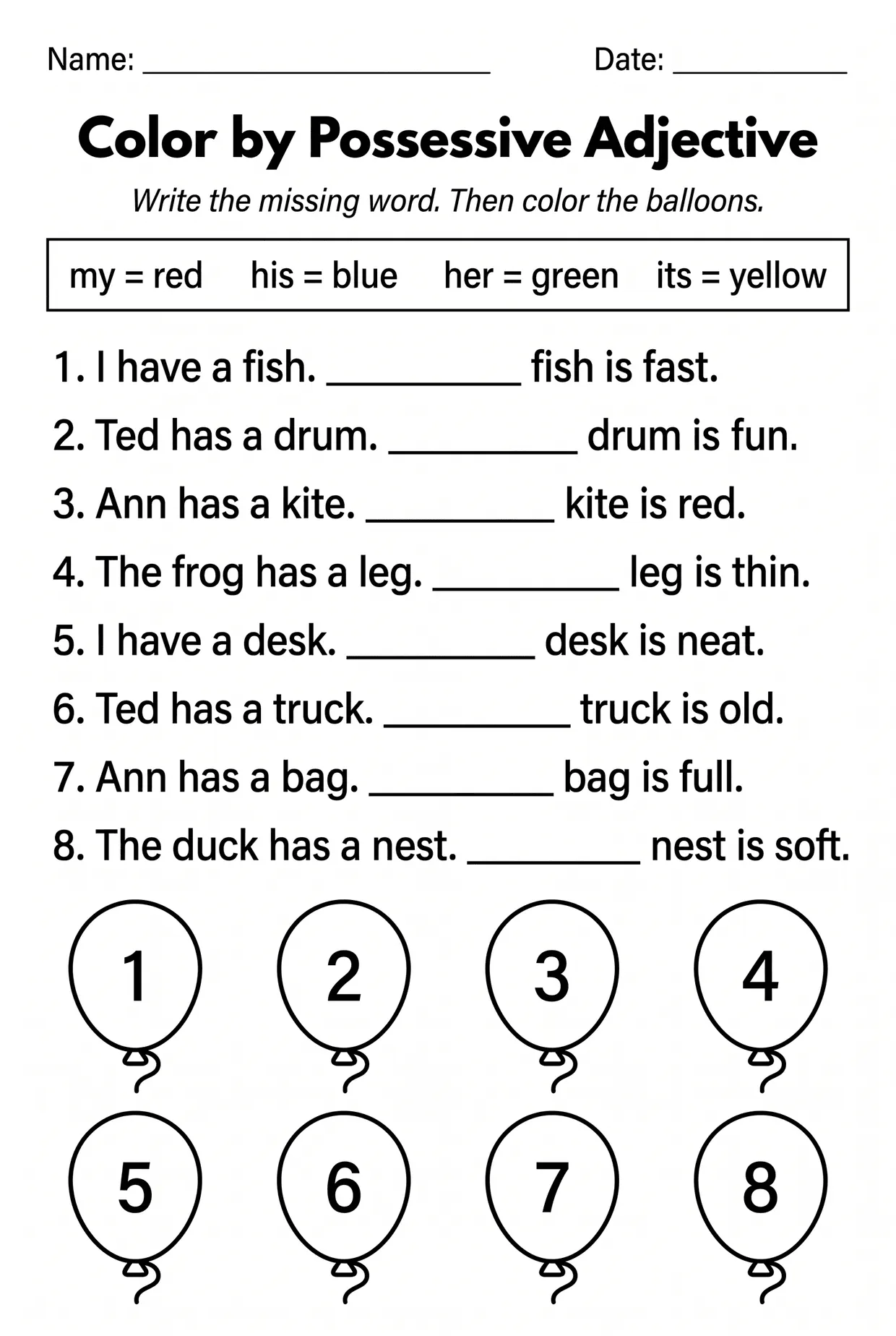 Color by Code Possessive Adjectives Worksheet worksheet preview