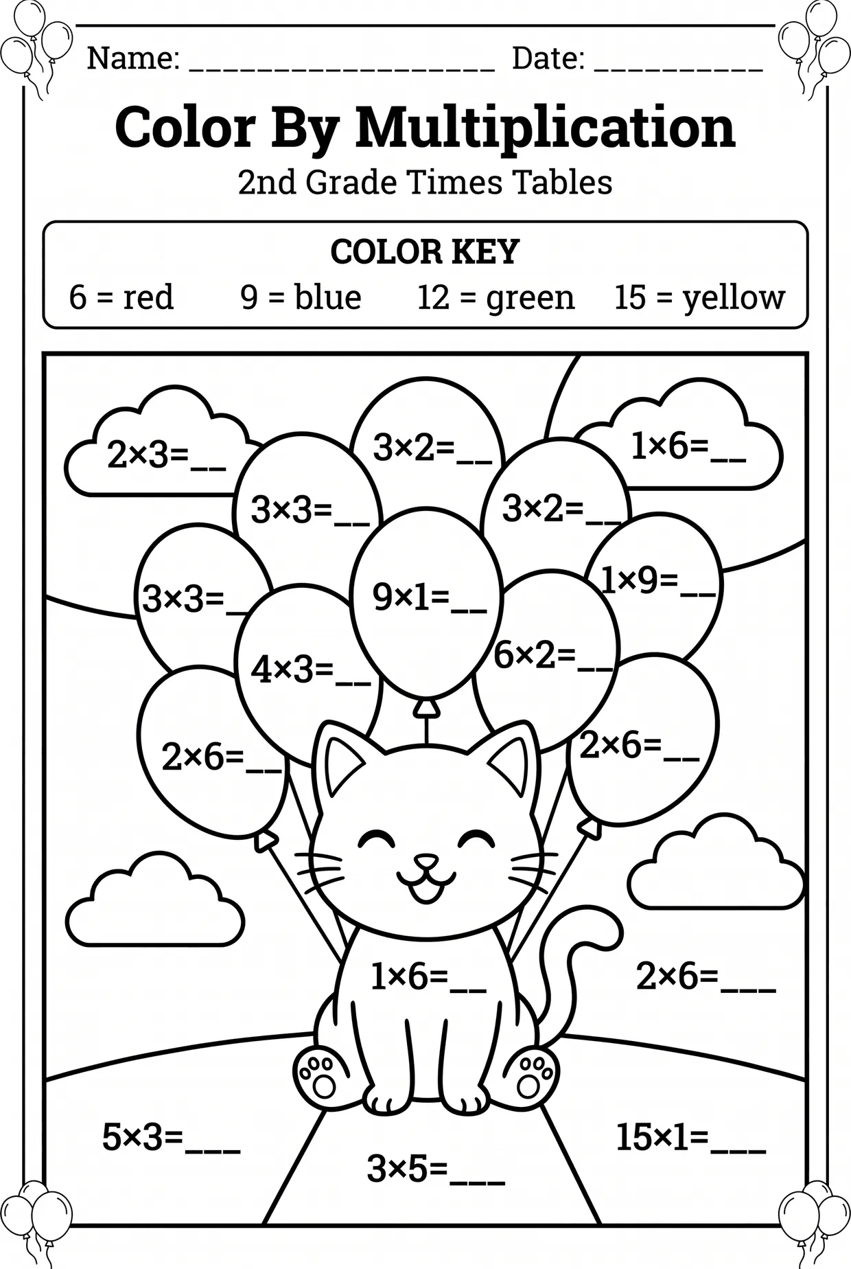 Color by Multiplication Worksheet: Cat and Balloons, page 1 preview