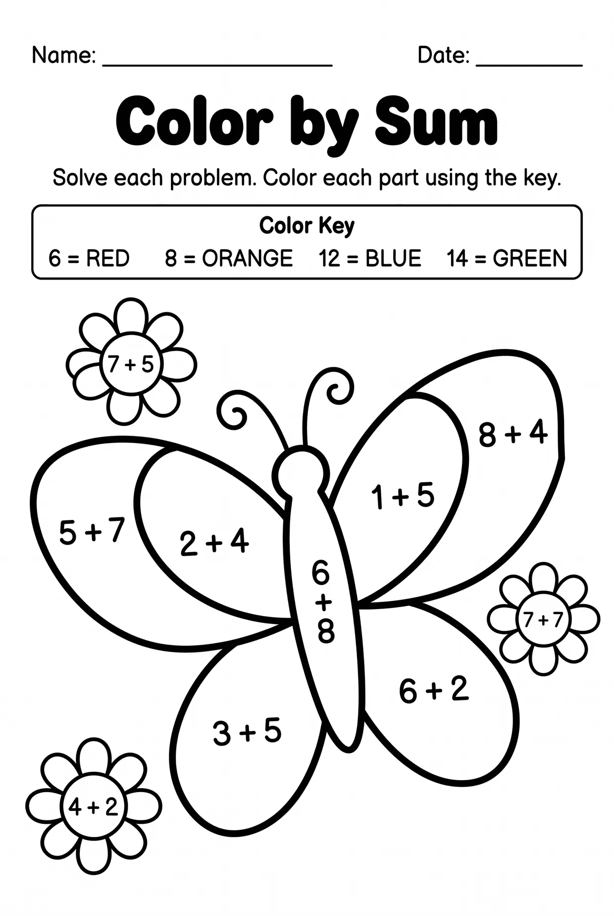 Color by Sum Butterfly Addition Worksheet (Grade 1) worksheet preview