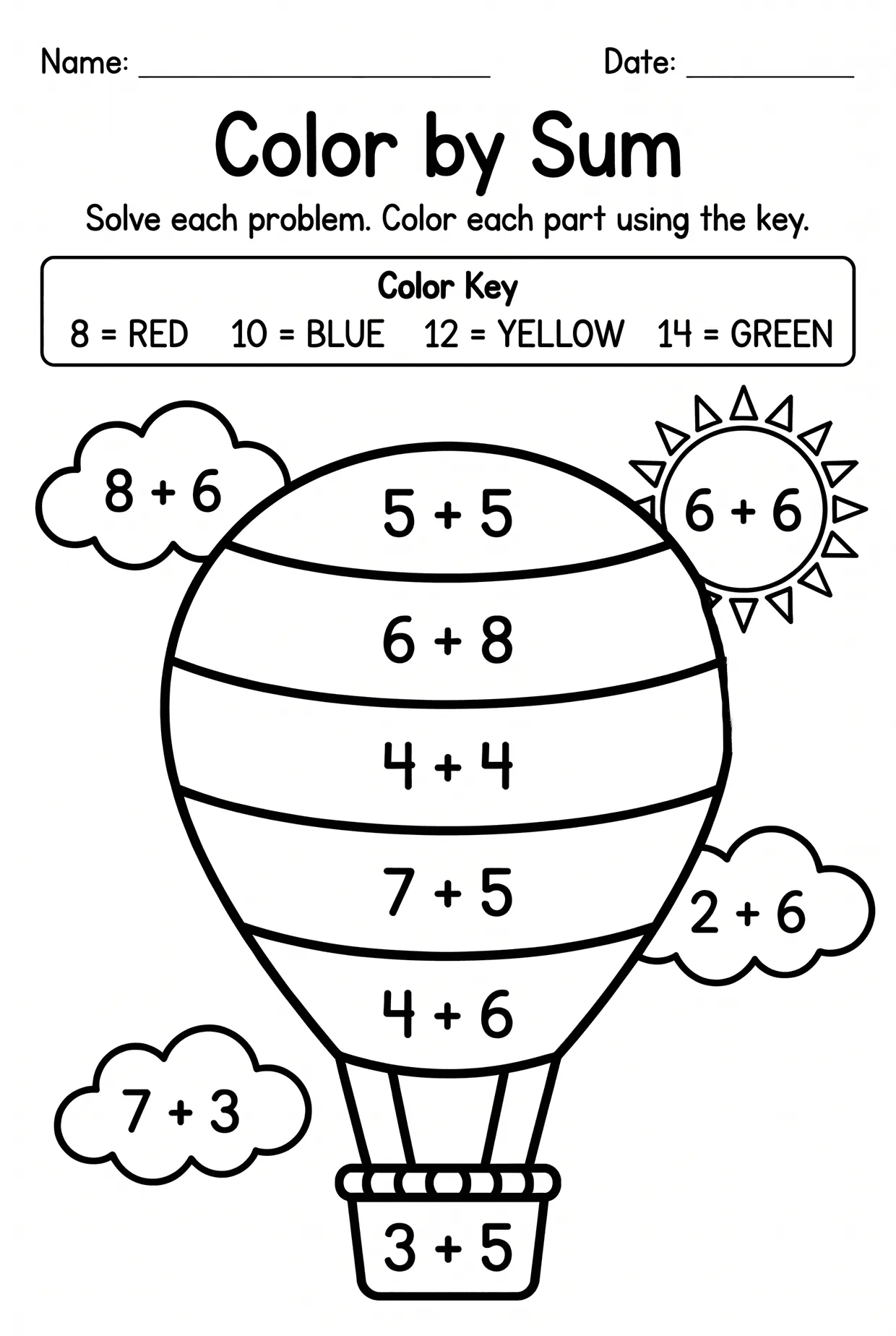 Hot Air Balloon Color by Sum Addition Worksheet worksheet preview