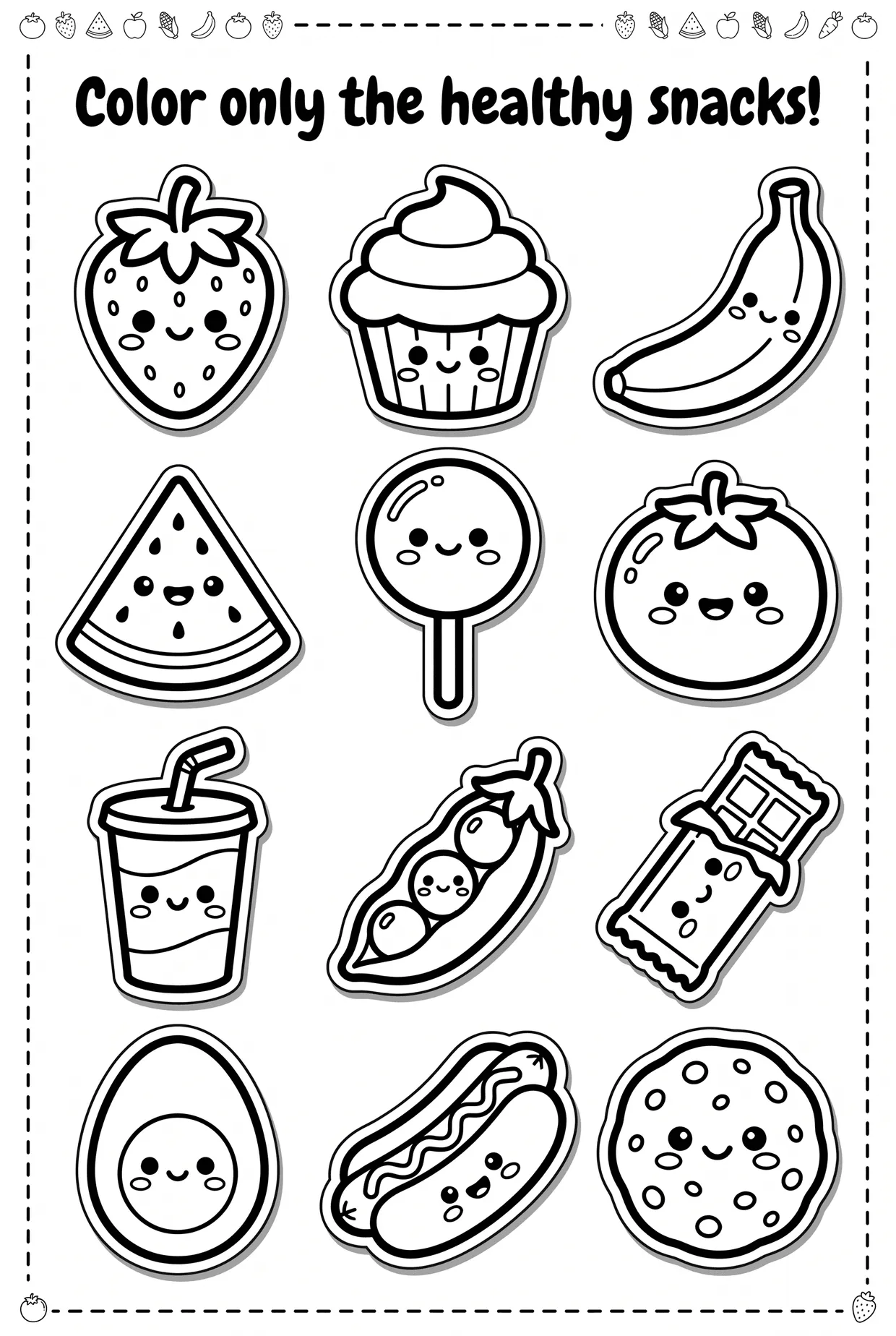 Color Only the Healthy Snacks worksheet preview