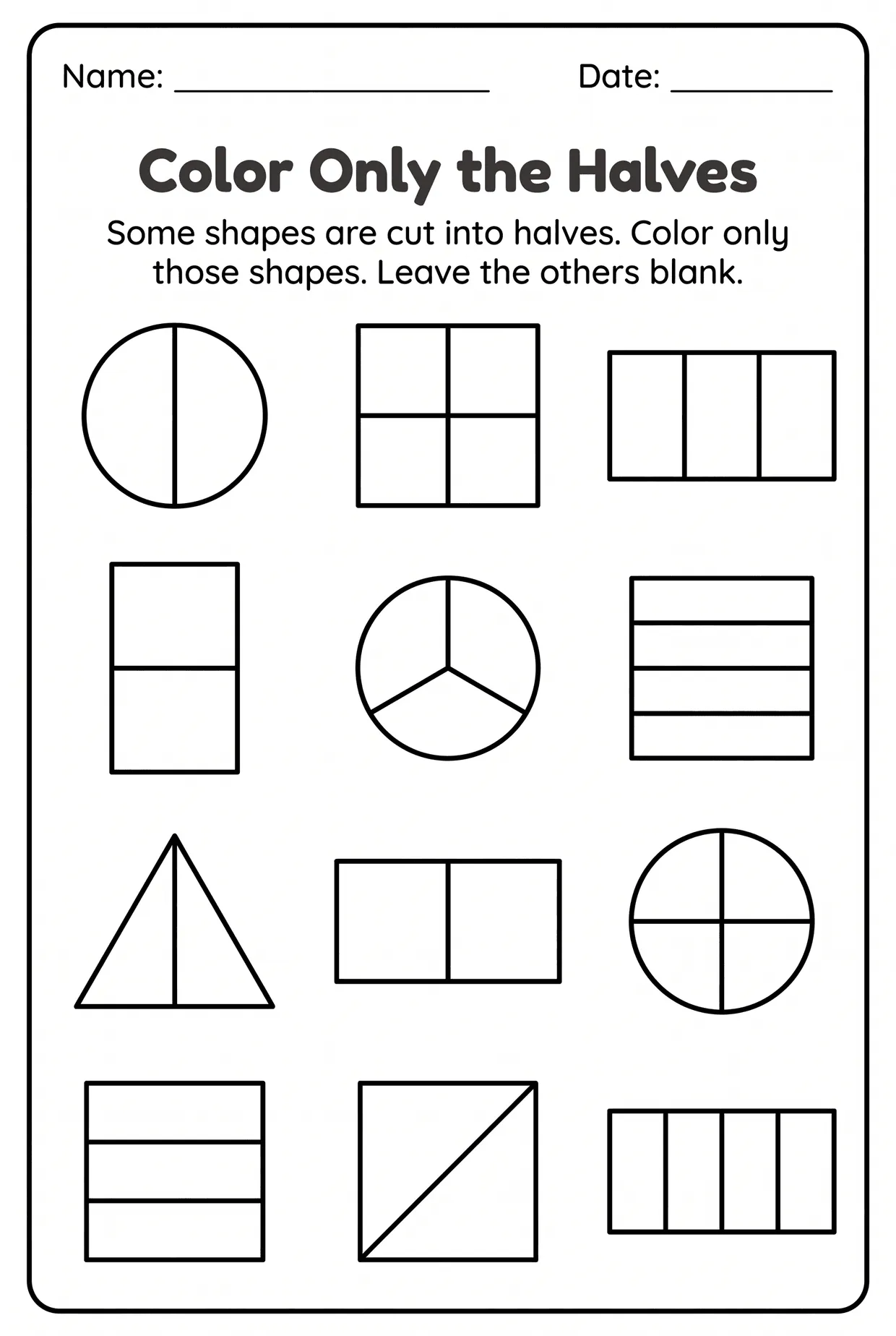 Color Only the Halves: 2nd Grade Fractions Worksheet worksheet preview
