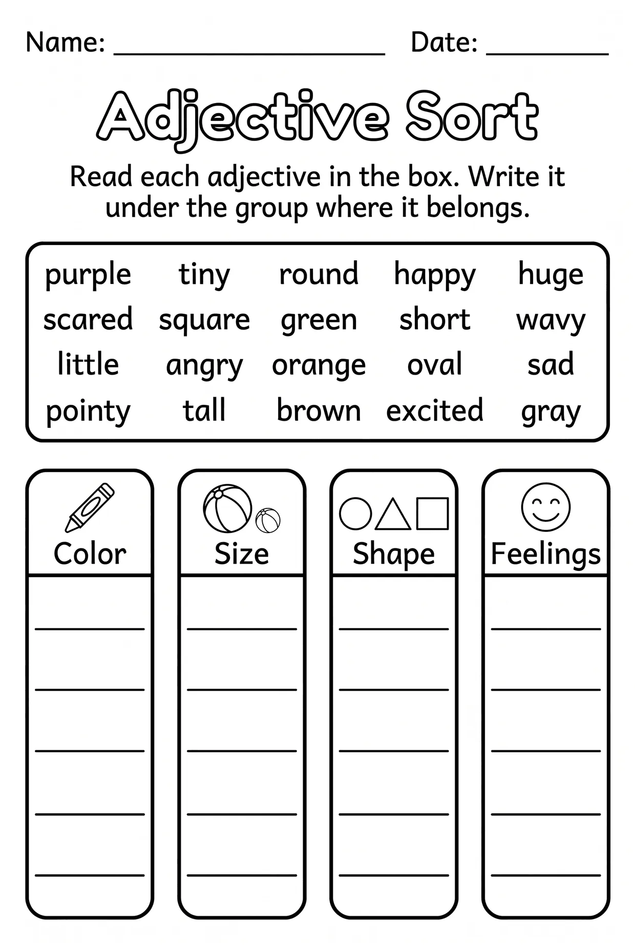 Four-Way Adjective Sort Worksheet for 2nd Grade, page 1 preview