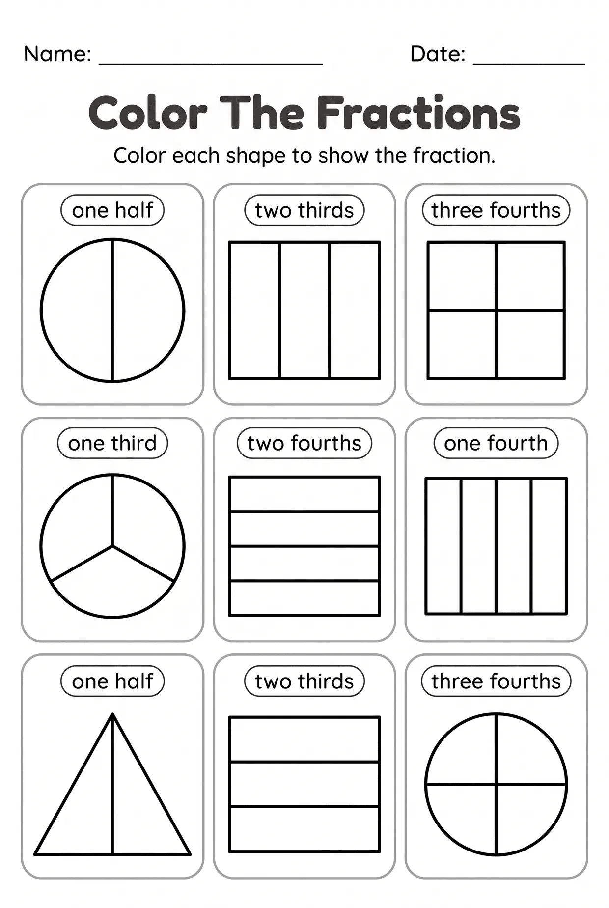 Color the Equal Parts: Fractions Worksheet for Grade 2 worksheet preview