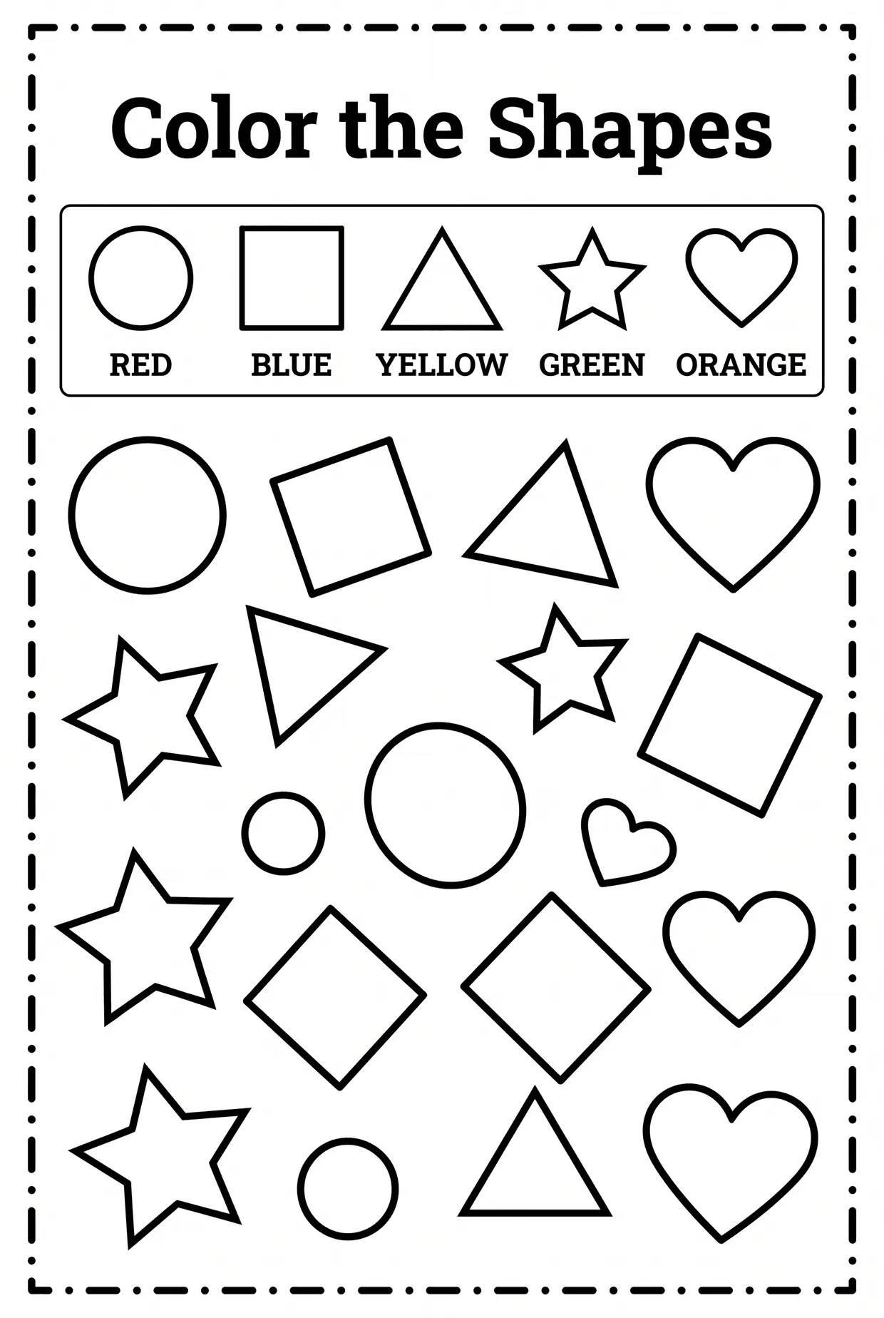 Color the Shapes: Kindergarten Shapes Worksheet, page 1 preview