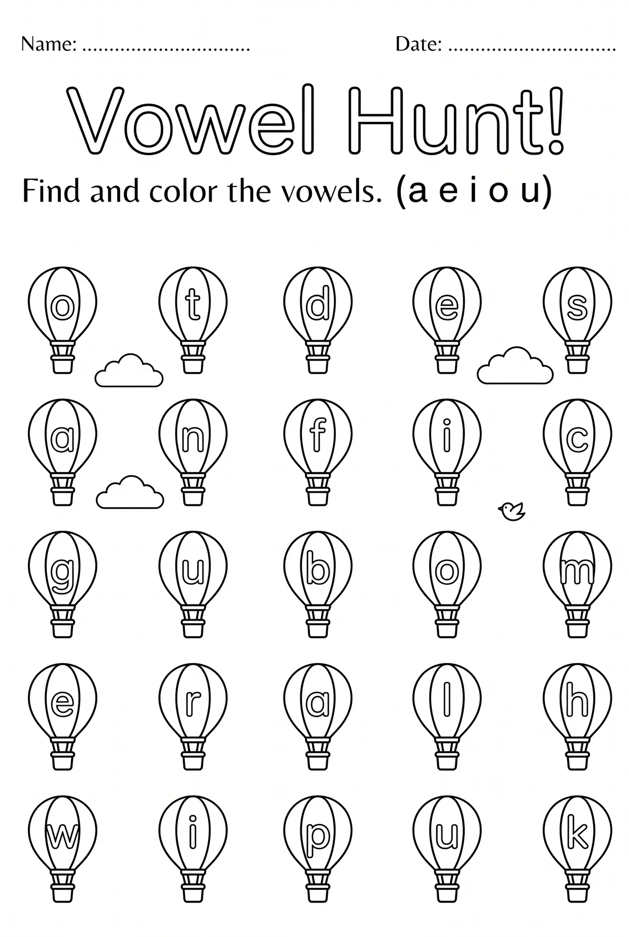 Vowel Hunt Balloons: Kindergarten Vowels Worksheet, page 1 preview