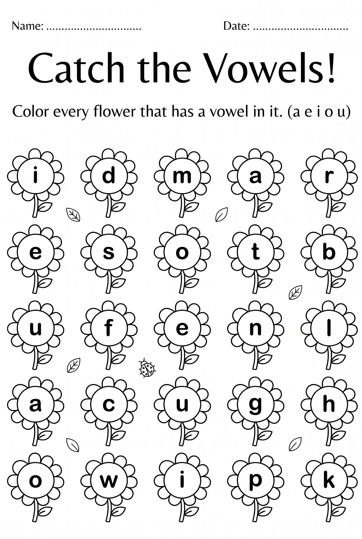 Color the Vowel Flowers: Kindergarten Vowels Worksheet, page 1 preview